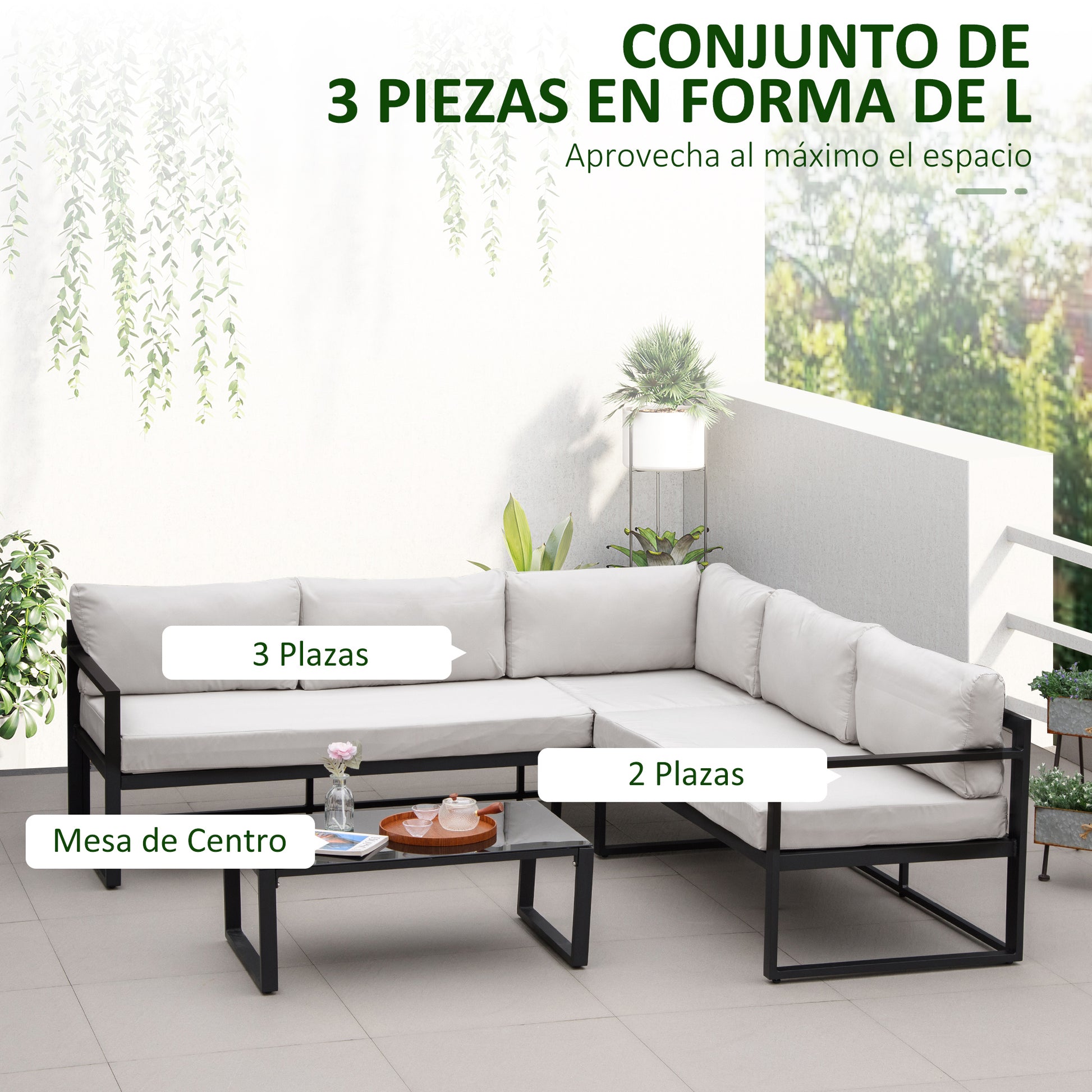 Outsunny Conjunto de Muebles de Jardín 3 Piezas de Aluminio Juego de Muebles con Mesa de Vidrio Sofá de 5 Plazas con Respaldo Ajustable y Cojines Extraíbles 212x70x64 cm Negro y Gris