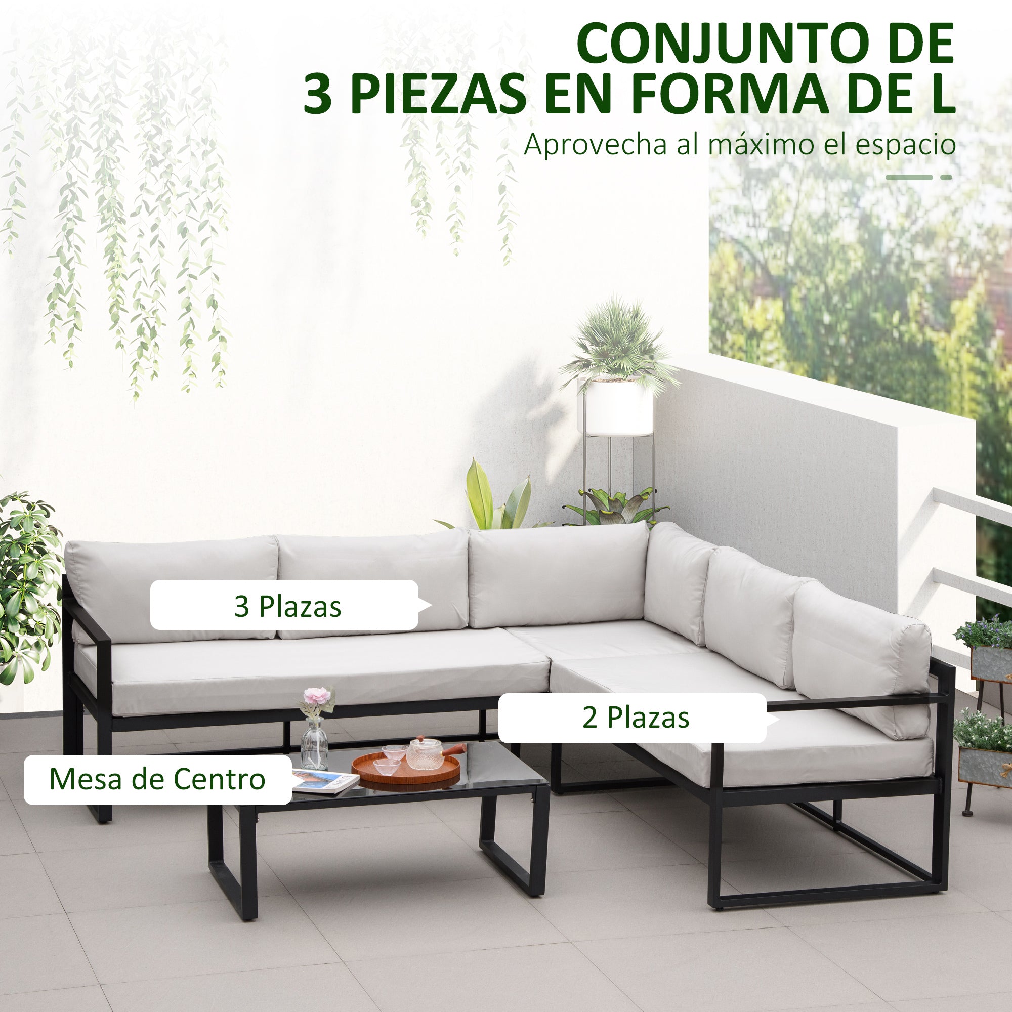 Outsunny Conjunto de Muebles de Jardín 3 Piezas de Aluminio Juego de Muebles con Mesa de Vidrio Sofá de 5 Plazas con Respaldo Ajustable y Cojines Extraíbles 212x70x64 cm Negro y Gris