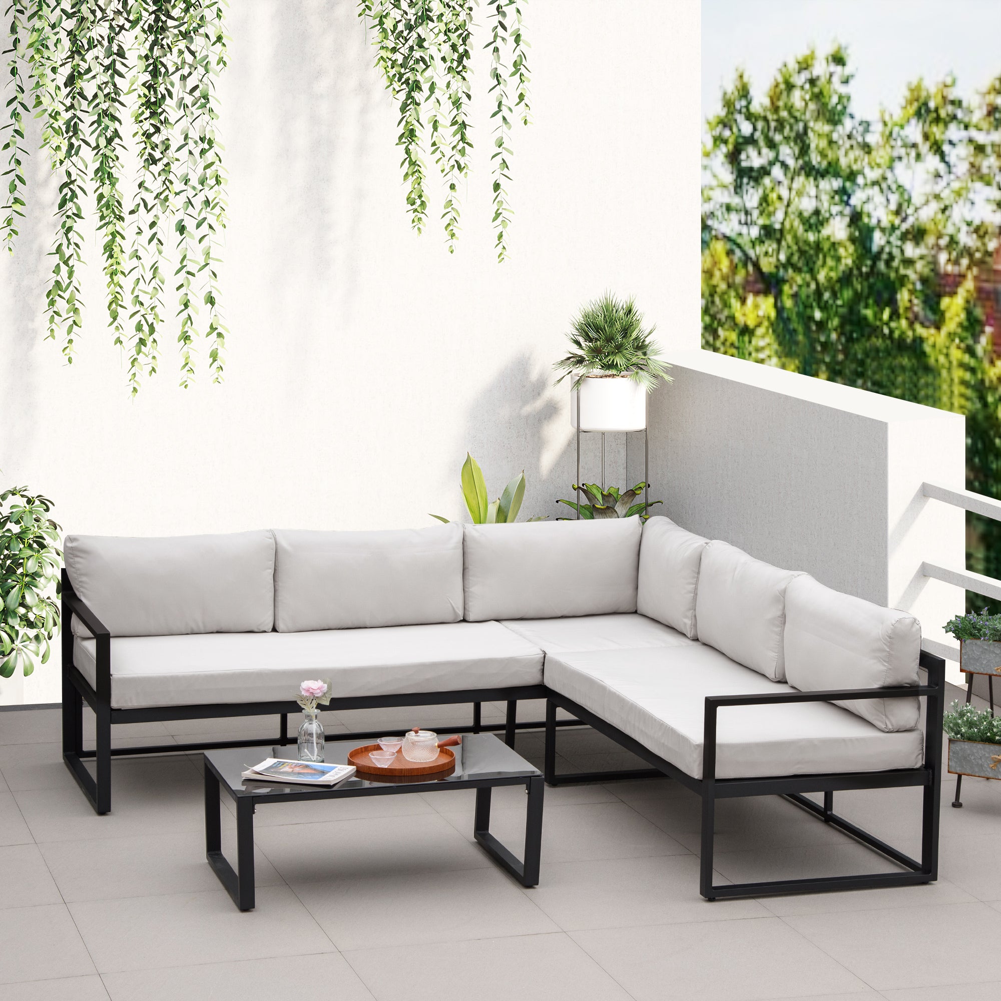 Outsunny Conjunto de Muebles de Jardín 3 Piezas de Aluminio Juego de Muebles con Mesa de Vidrio Sofá de 5 Plazas con Respaldo Ajustable y Cojines Extraíbles 212x70x64 cm Negro y Gris