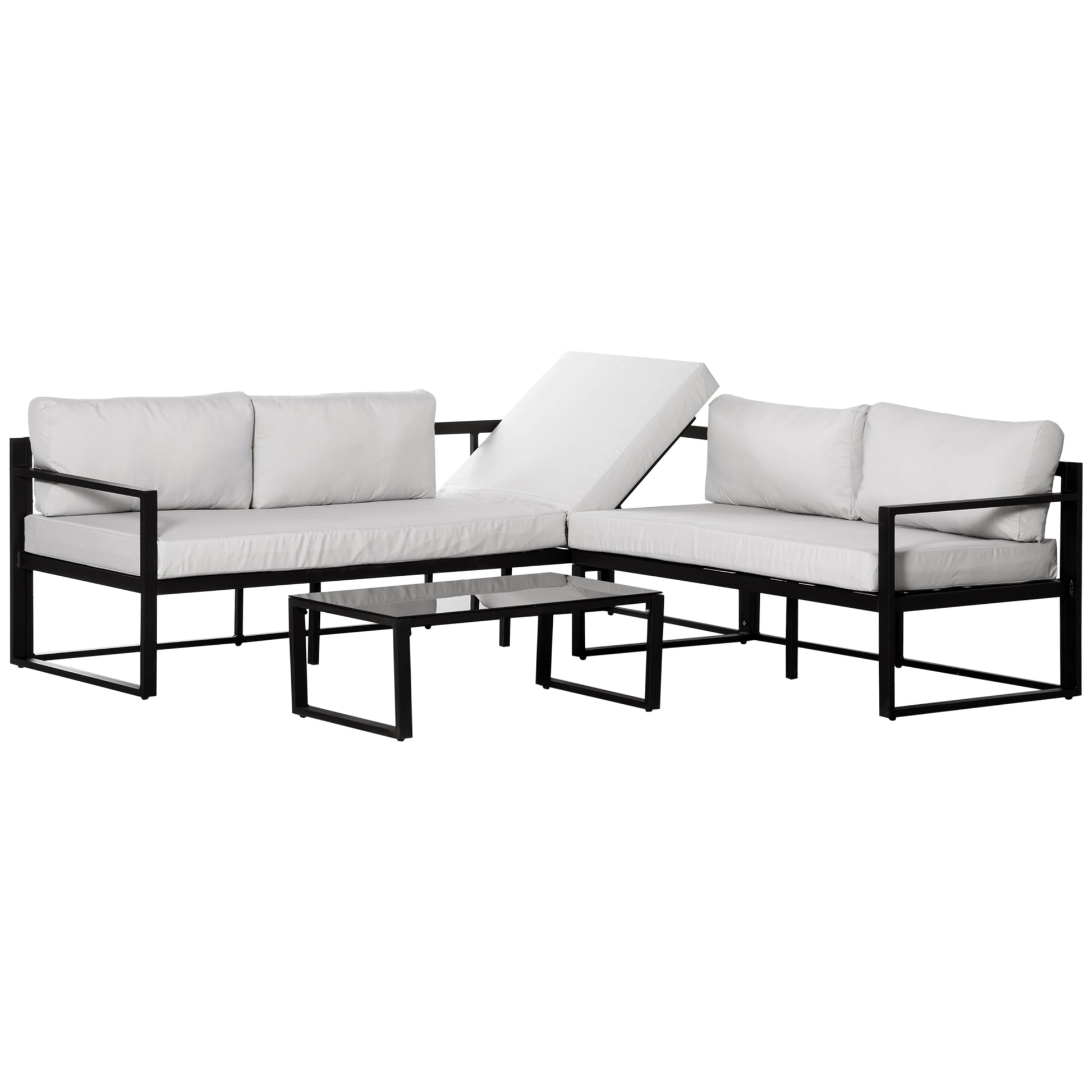 Outsunny Conjunto de Muebles de Jardín 3 Piezas de Aluminio Juego de Muebles con Mesa de Vidrio Sofá de 5 Plazas con Respaldo Ajustable y Cojines Extraíbles 212x70x64 cm Negro y Gris