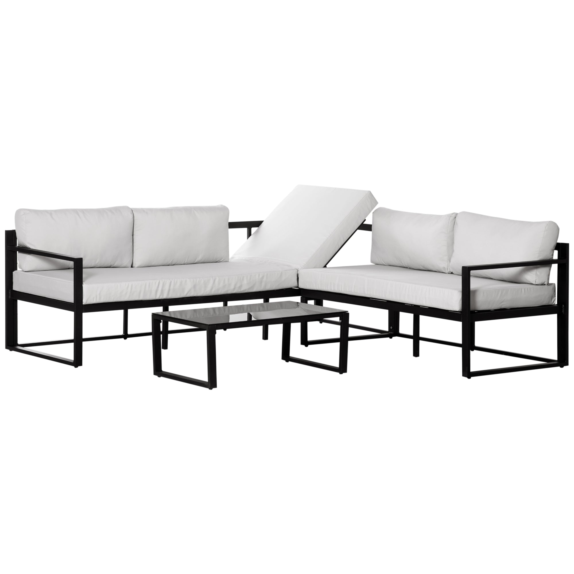 Outsunny Conjunto de Muebles de Jardín 3 Piezas de Aluminio Juego de Muebles con Mesa de Vidrio Sofá de 5 Plazas con Respaldo Ajustable y Cojines Extraíbles 212x70x64 cm Negro y Gris