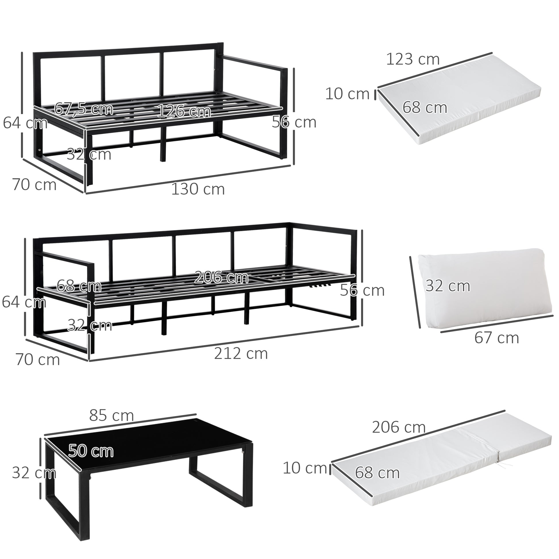 Outsunny Conjunto de Muebles de Jardín 3 Piezas de Aluminio Juego de Muebles con Mesa de Vidrio Sofá de 5 Plazas con Respaldo Ajustable y Cojines Extraíbles 212x70x64 cm Negro y Gris