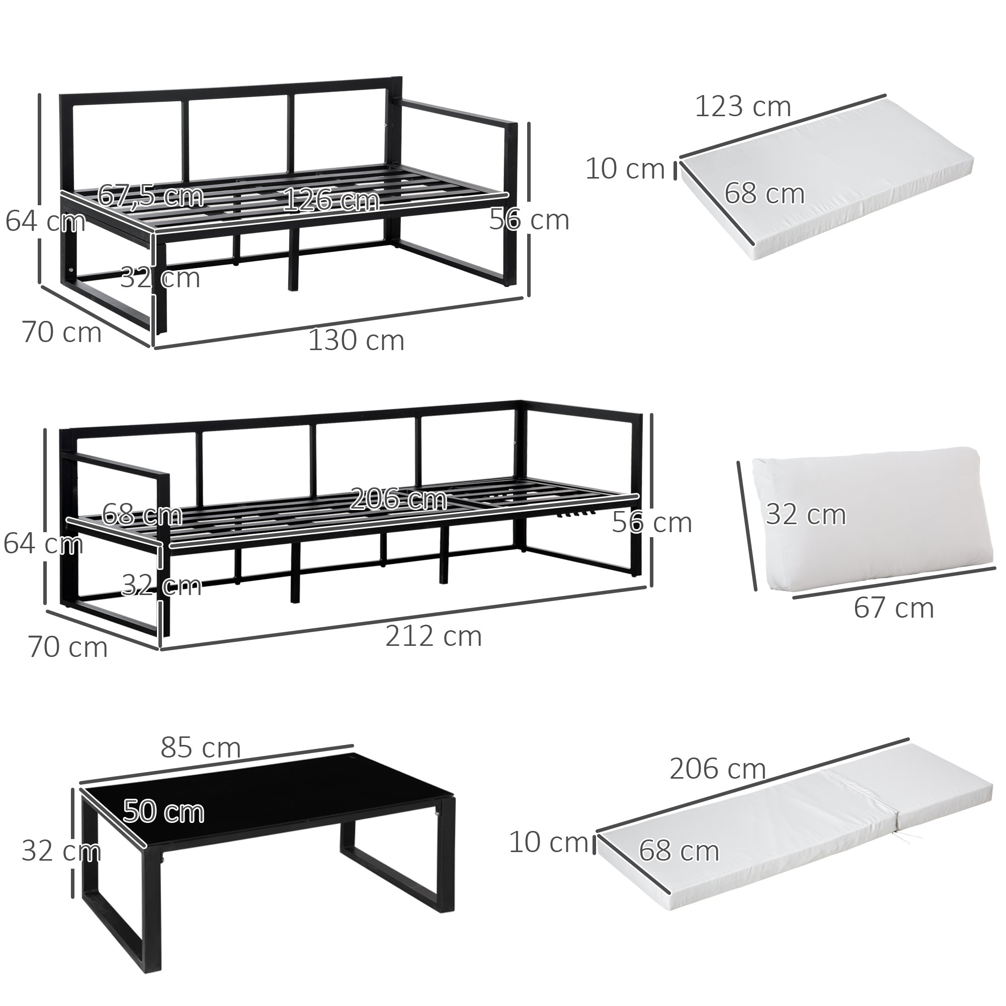 Outsunny Conjunto de Muebles de Jardín 3 Piezas de Aluminio Juego de Muebles con Mesa de Vidrio Sofá de 5 Plazas con Respaldo Ajustable y Cojines Extraíbles 212x70x64 cm Negro y Gris