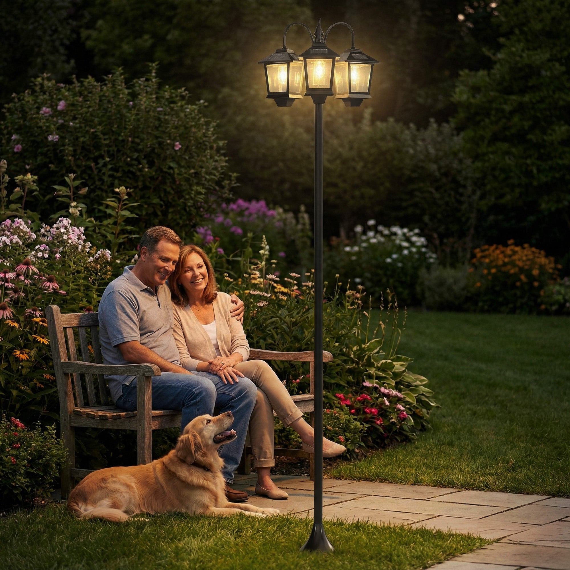 Outsunny Farola Solar Exterior de Jardín con 3 Cabezales, Luz Solar de Exterior de Aluminio con Encendido/Apagado Automático, Impermeable IP44, para Terraza, Patio, 40x34,5x188 cm, Negro