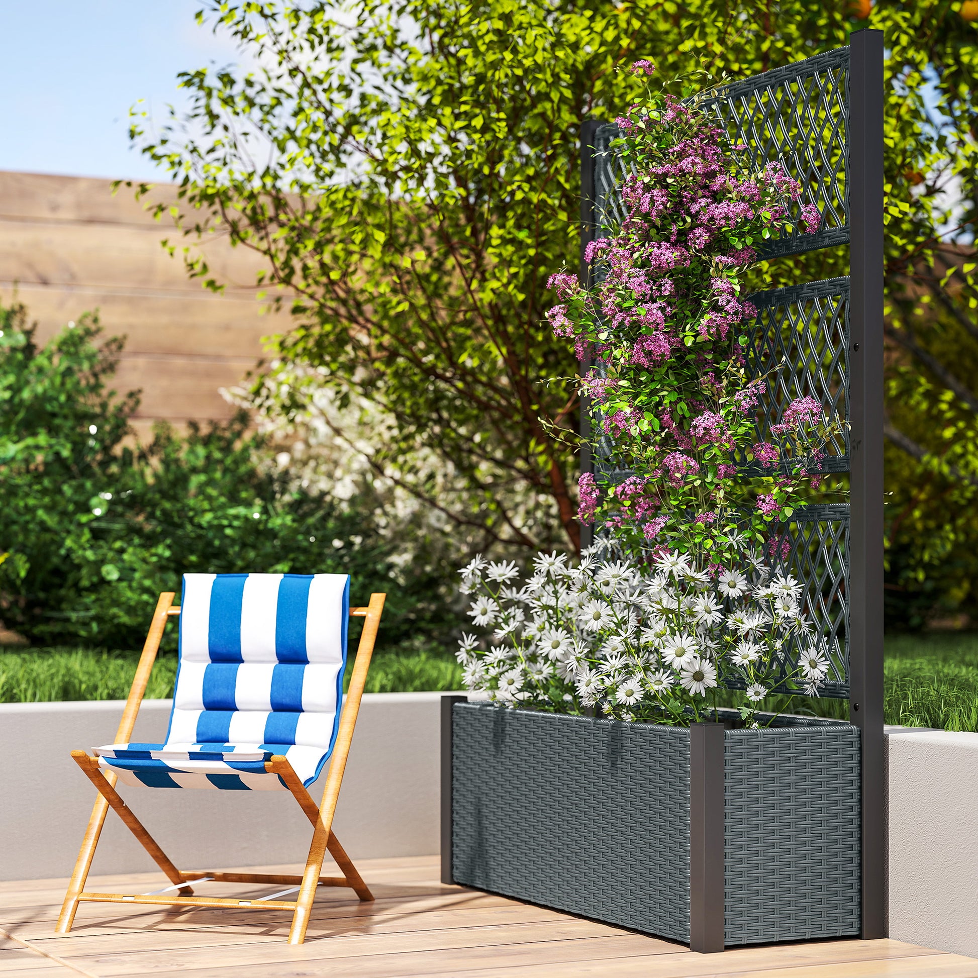 Outsunny Jardinera con Enrejado de Ratán, Jardinera Exterior Grande para Plantas Trepadoras, Maceta con Forro, para Jardín, Patio, Terraza, 90x35x148 cm, Gris Oscuro