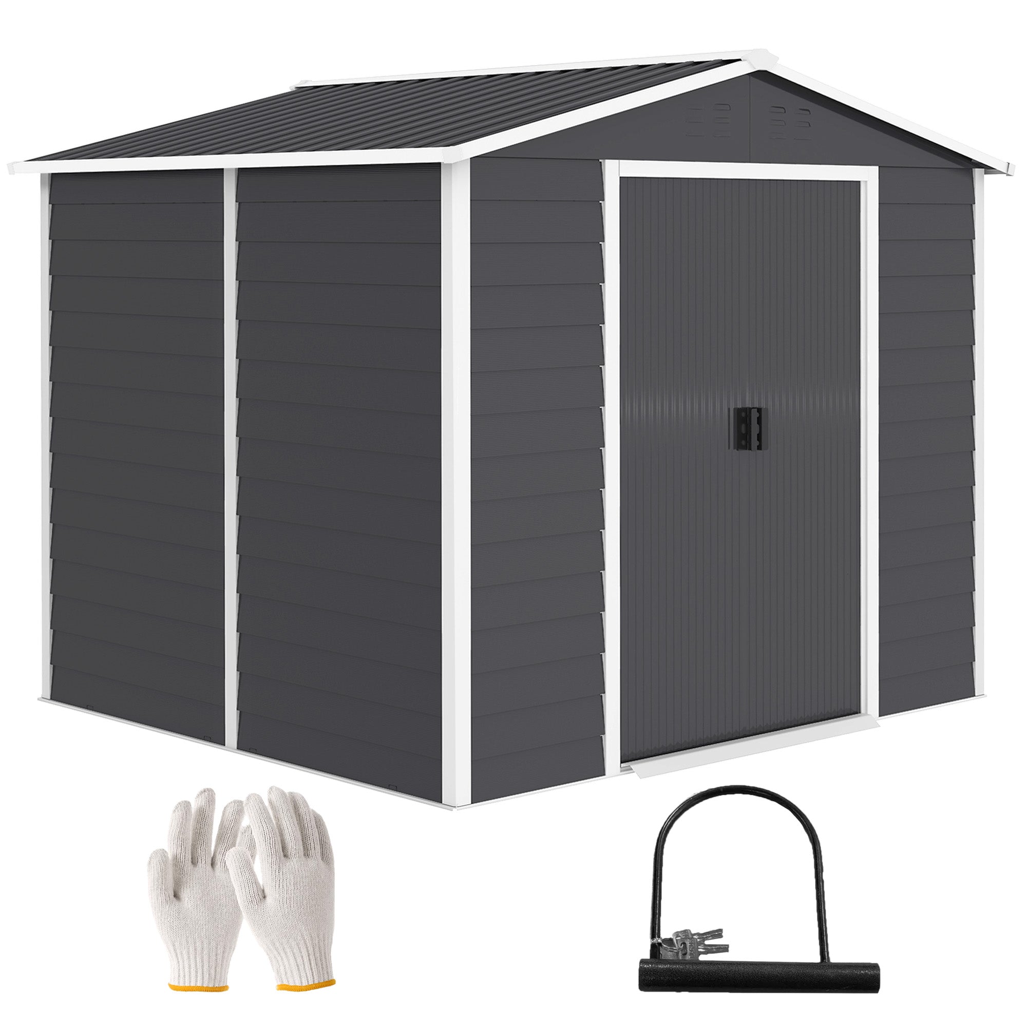 Outsunny Caseta de Jardín Exterior 4,4 m², 240x206x198 cm, Cobertizo de Jardín Exterior Metálico con Base Refuerzo (Suelo NO Incluido), Puerta Corredera con Cerradura y 4 Ventanas para Patio, Gris