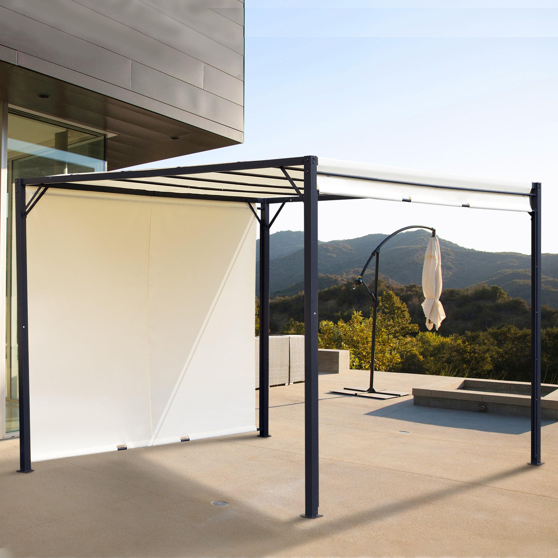 Outsunny Cenador de Jardín 3x3 m Pérgola Gazebo con Techo Retráctil Pared Lateral y Marco de Acero para Patio Terraza Crema