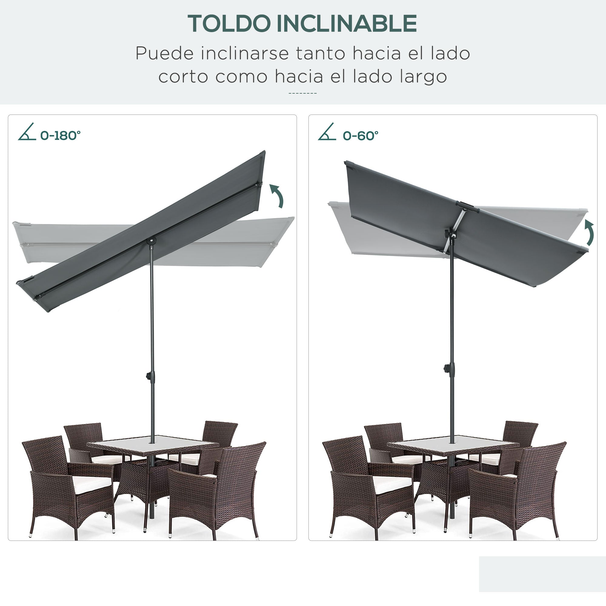Outsunny Sombrilla de Jardín Plana 180x130x115-205 cm Parasol Exterior con Techo Inclinable Altura Ajustable Protección UV30+ y Techo de Ventilación para Patio Balcón Gris