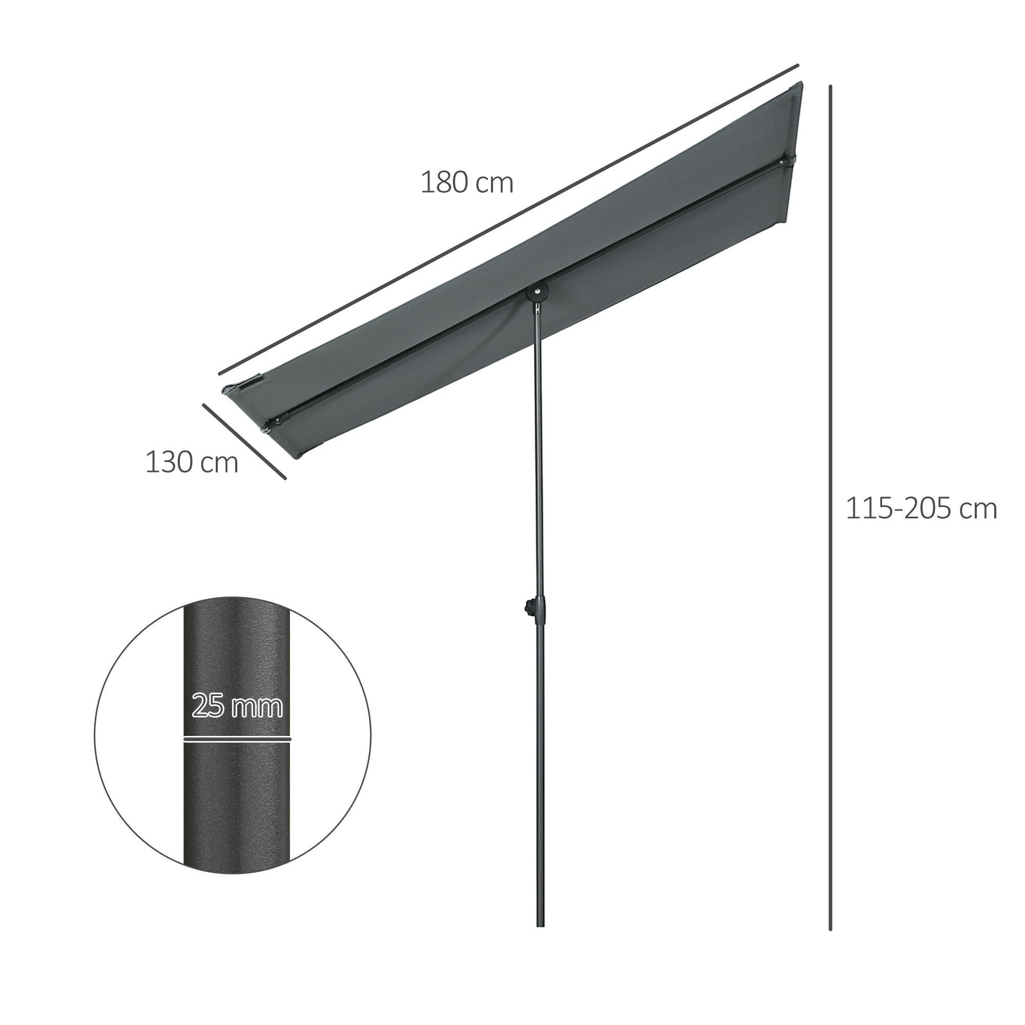 Outsunny Sombrilla de Jardín Plana 180x130x115-205 cm Parasol Exterior con Techo Inclinable Altura Ajustable Protección UV30+ y Techo de Ventilación para Patio Balcón Gris