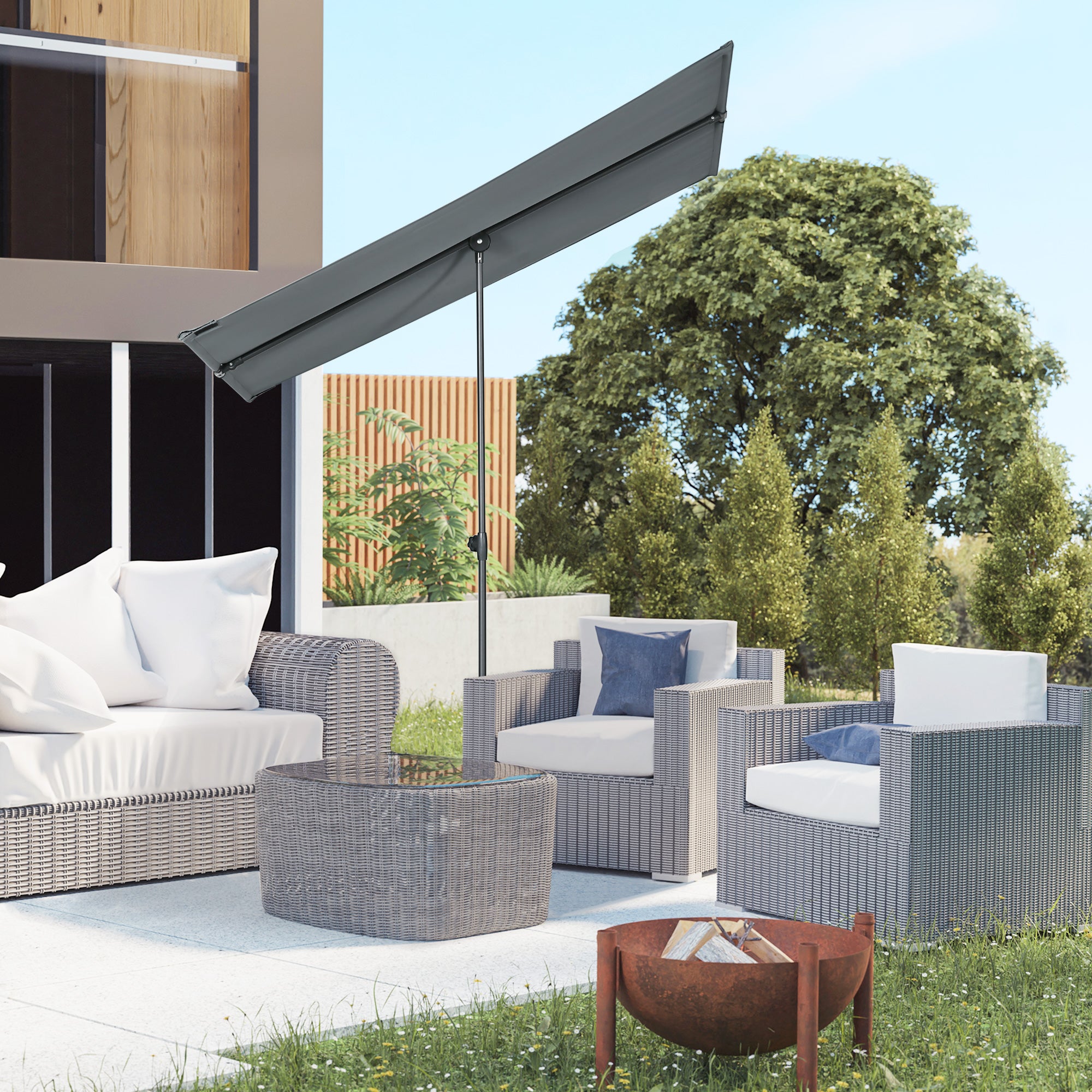 Outsunny Sombrilla de Jardín Plana 180x130x115-205 cm Parasol Exterior con Techo Inclinable Altura Ajustable Protección UV30+ y Techo de Ventilación para Patio Balcón Gris