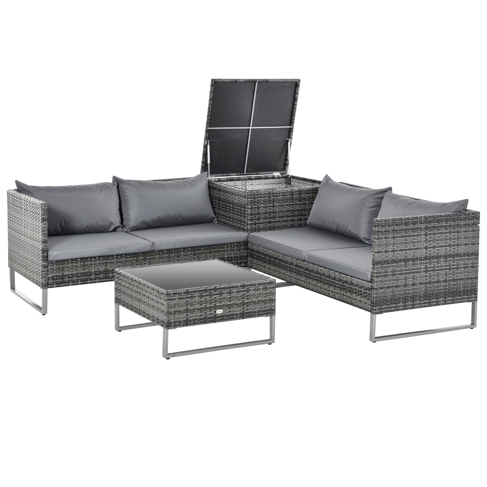 Outsunny Conjunto de 4 Muebles de Jardín de Ratán con 2 Sofás Dobles Mesa Central Mesa con Arcón Cojines Extraíbles para Terraza Exterior 132x69x64 cm Gris