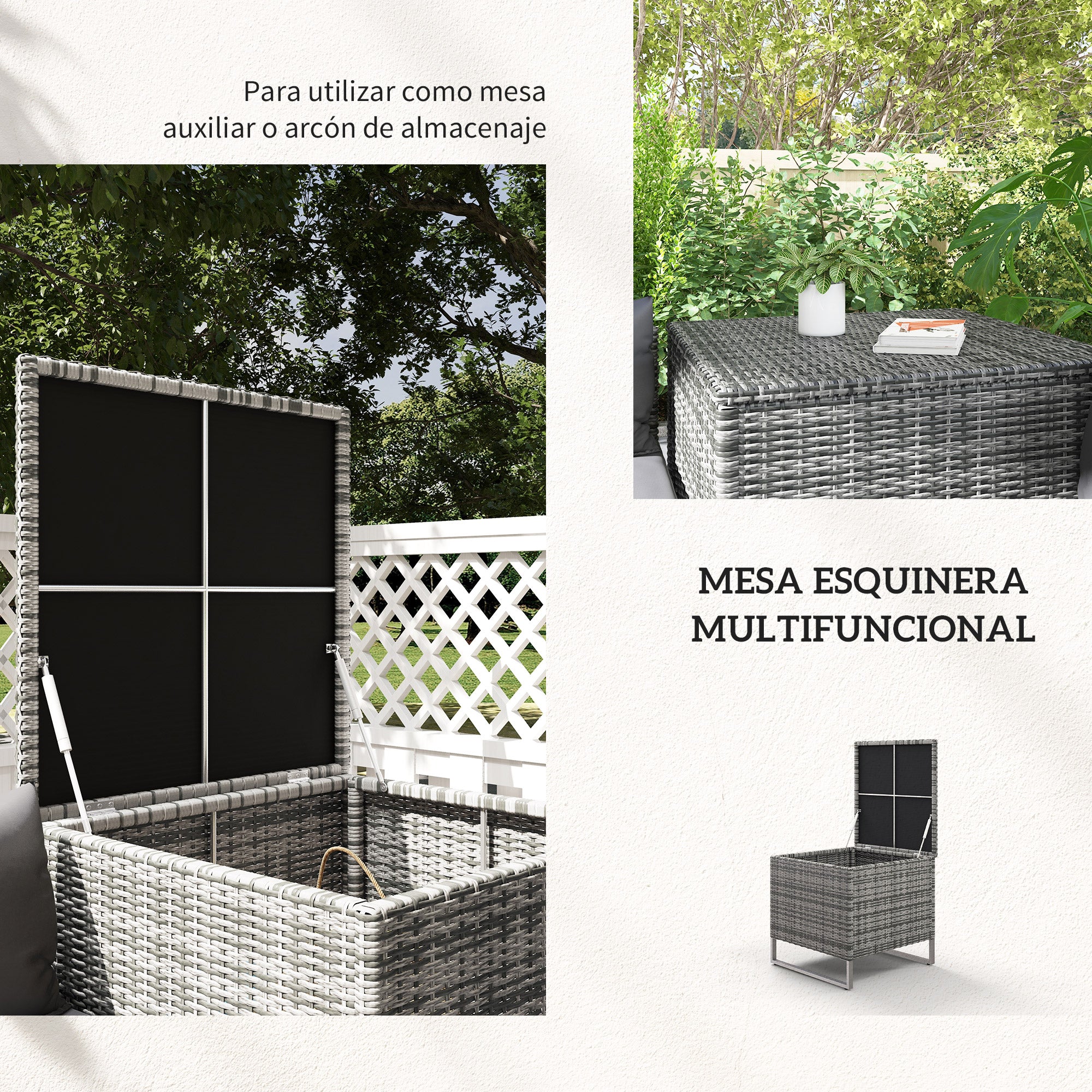 Outsunny Conjunto de 4 Muebles de Jardín de Ratán con 2 Sofás Dobles Mesa Central Mesa con Arcón Cojines Extraíbles para Terraza Exterior 132x69x64 cm Gris