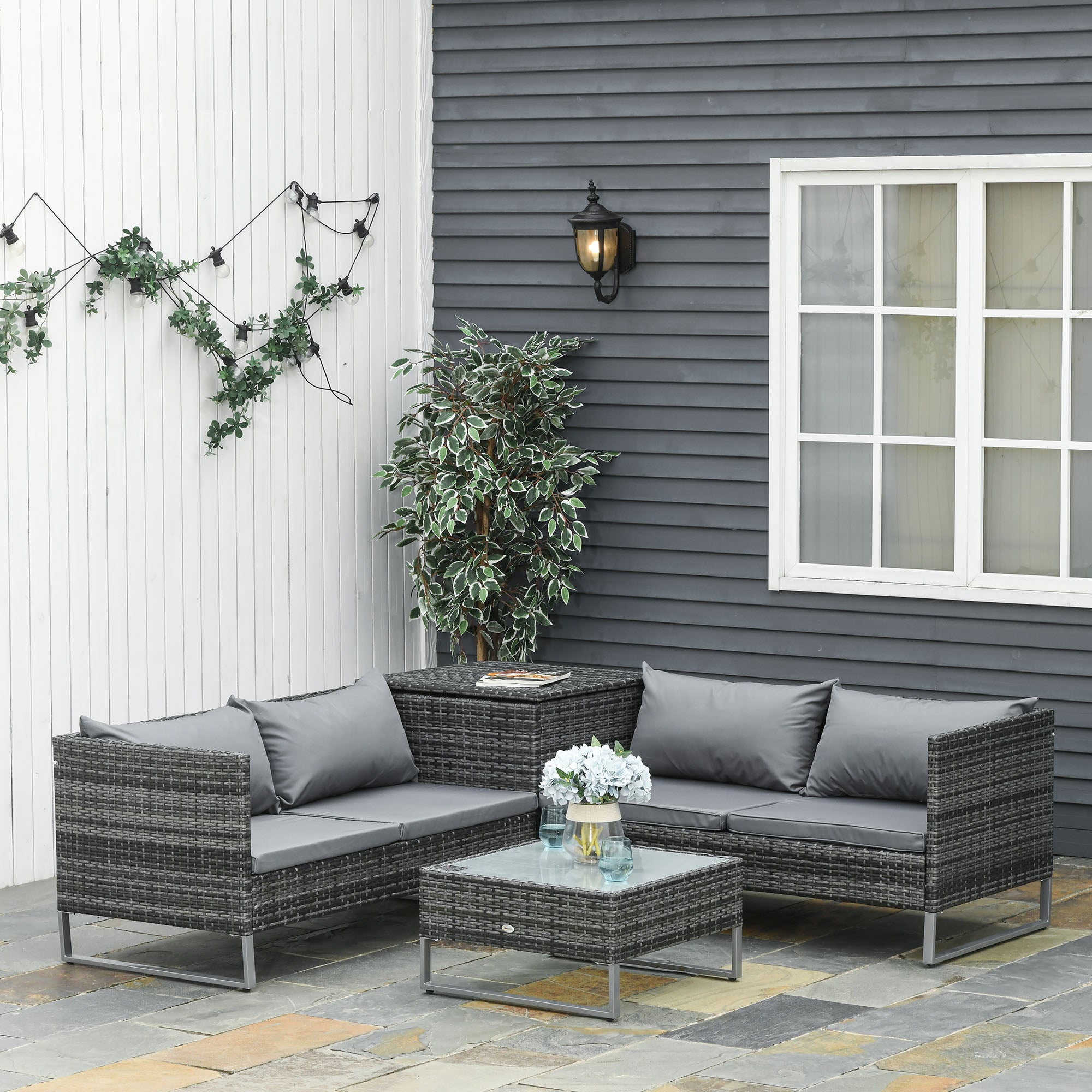 Outsunny Conjunto de 4 Muebles de Jardín de Ratán con 2 Sofás Dobles Mesa Central Mesa con Arcón Cojines Extraíbles para Terraza Exterior 132x69x64 cm Gris