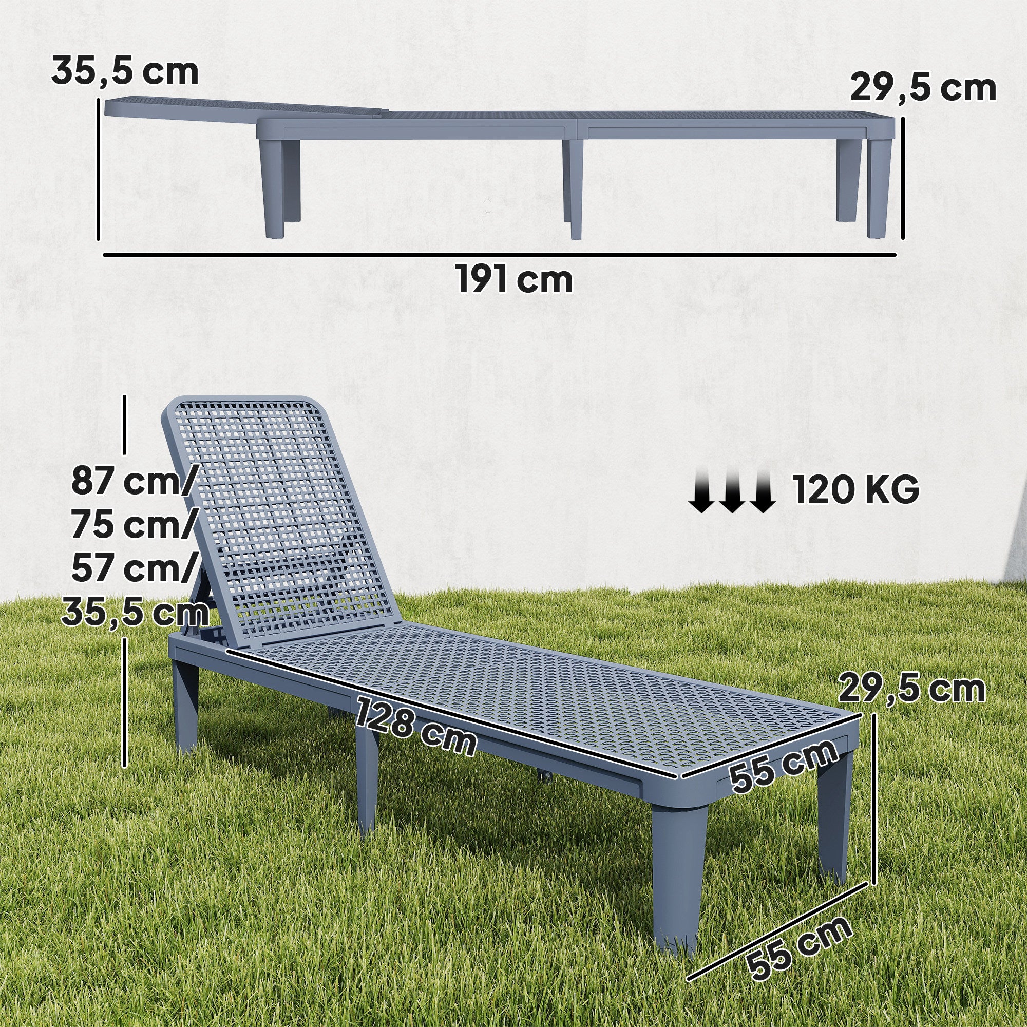 Outsunny Tumbona Reclinable, Tumbona Jardín Exterior de PP con Respaldo Ajustable en 4 Niveles, Carga 120 kg, para Patio, Terraza, Balcón, Montaje Fácil, 191x55x35,5 cm, Gris Oscuro