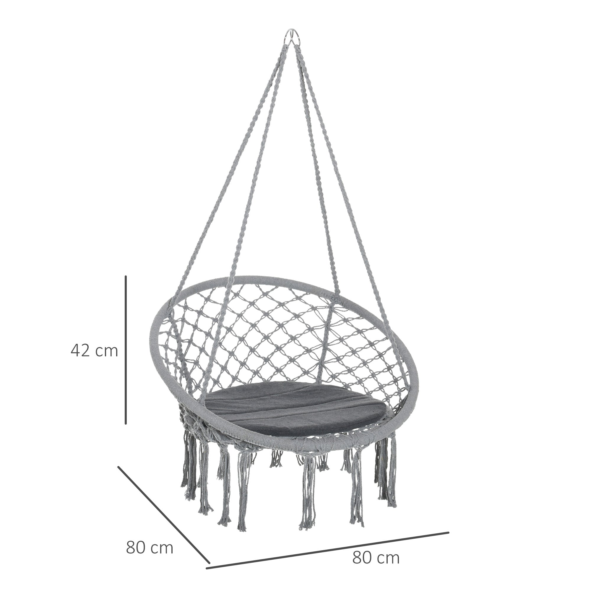 Outsunny Silla Colgante Redondo de Ø60 cm Silla Hamaca Columpio con Cojín y Cuerda de Algodón para Interior y Exterior 80x80x42 cm Gris