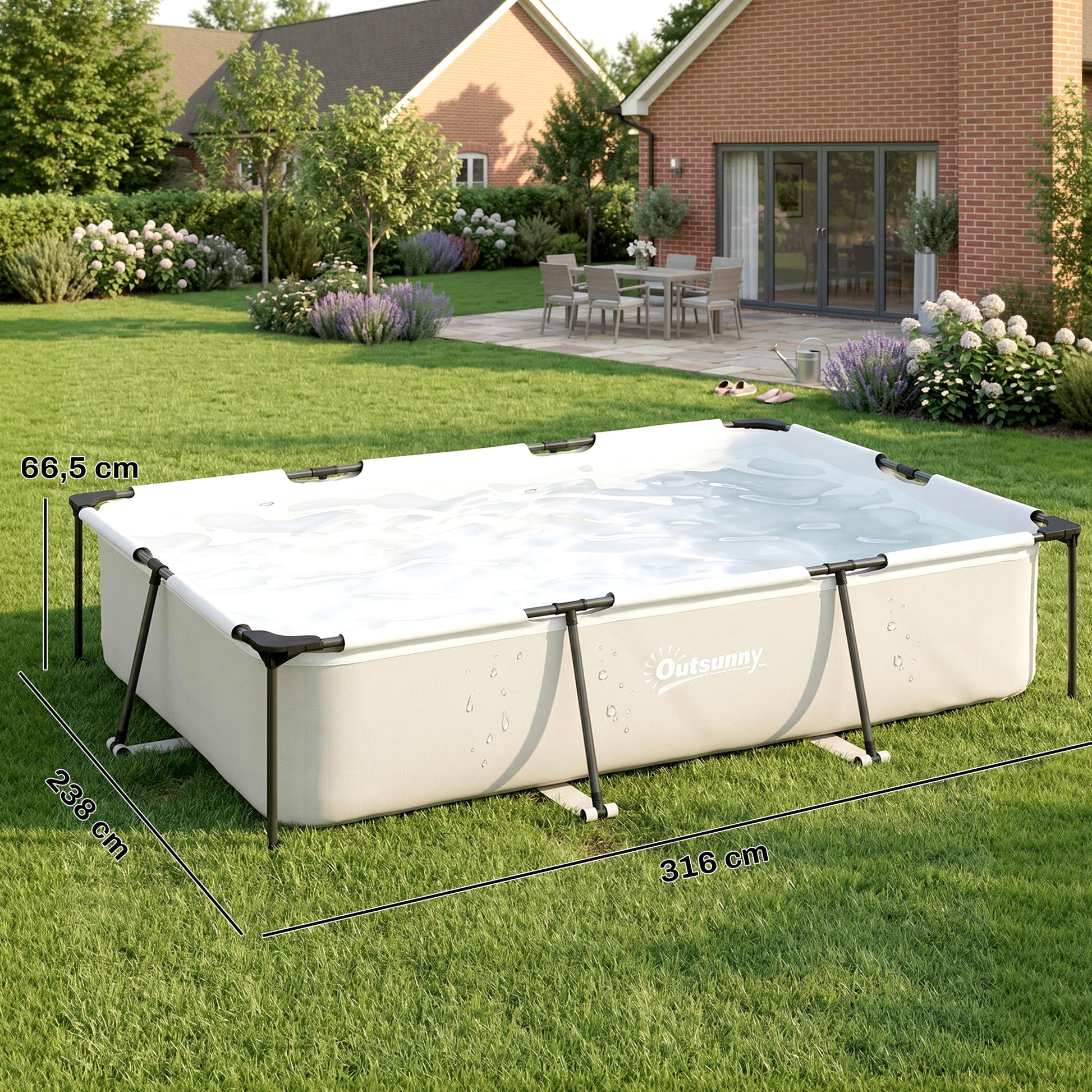 Outsunny Piscina Desmontable Tubular 316x238x66,5 cm 3700 L, Piscina Rectangular con Marco Metálico Estable, Parche de Reparación, Bomba de Filtro No Incluida para 2-4 Personas, Jardín, Exterior, Gris