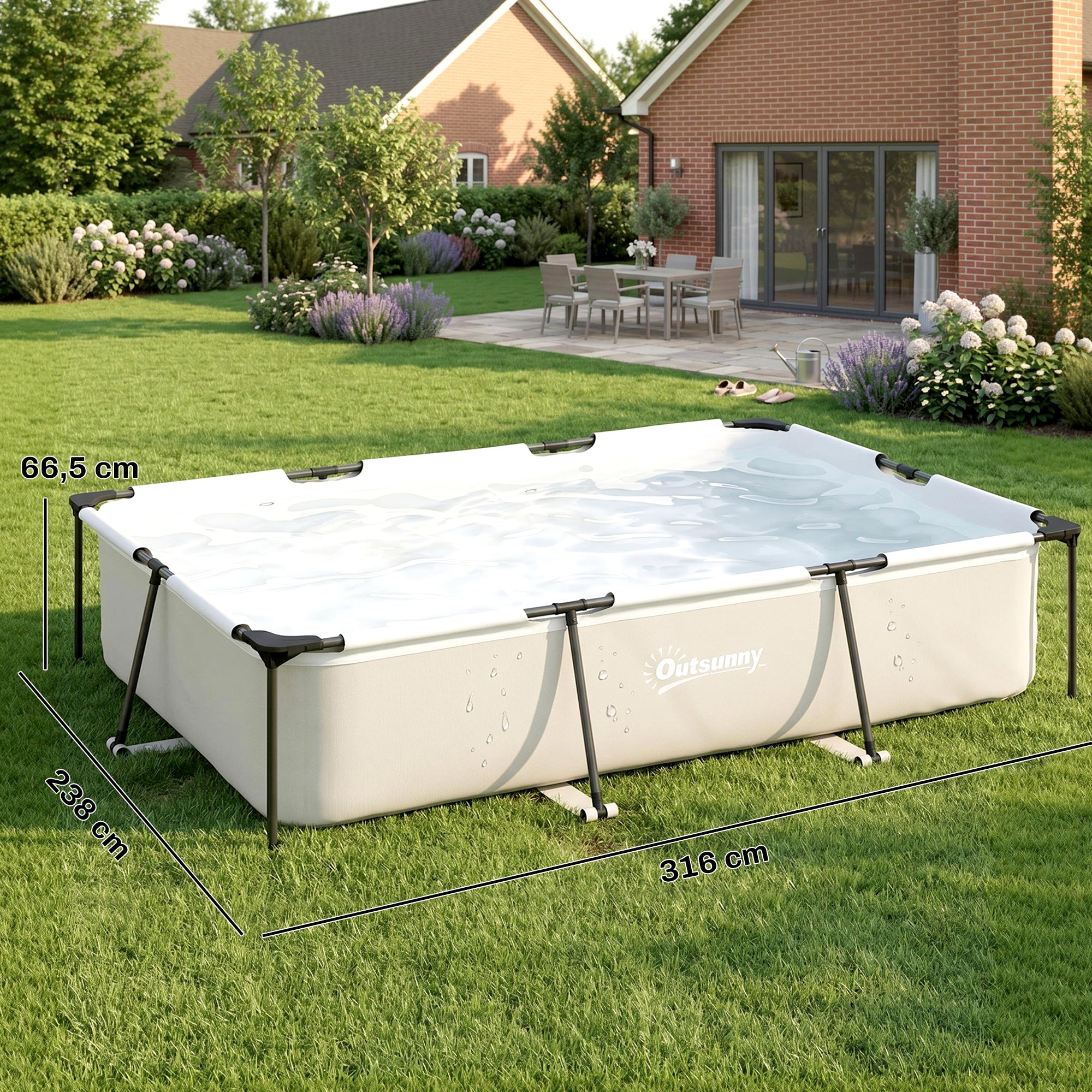 Outsunny Piscina Desmontable Tubular 316x238x66,5 cm 3700 L, Piscina Rectangular con Marco Metálico Estable, Parche de Reparación, Bomba de Filtro No Incluida para 2-4 Personas, Jardín, Exterior, Gris