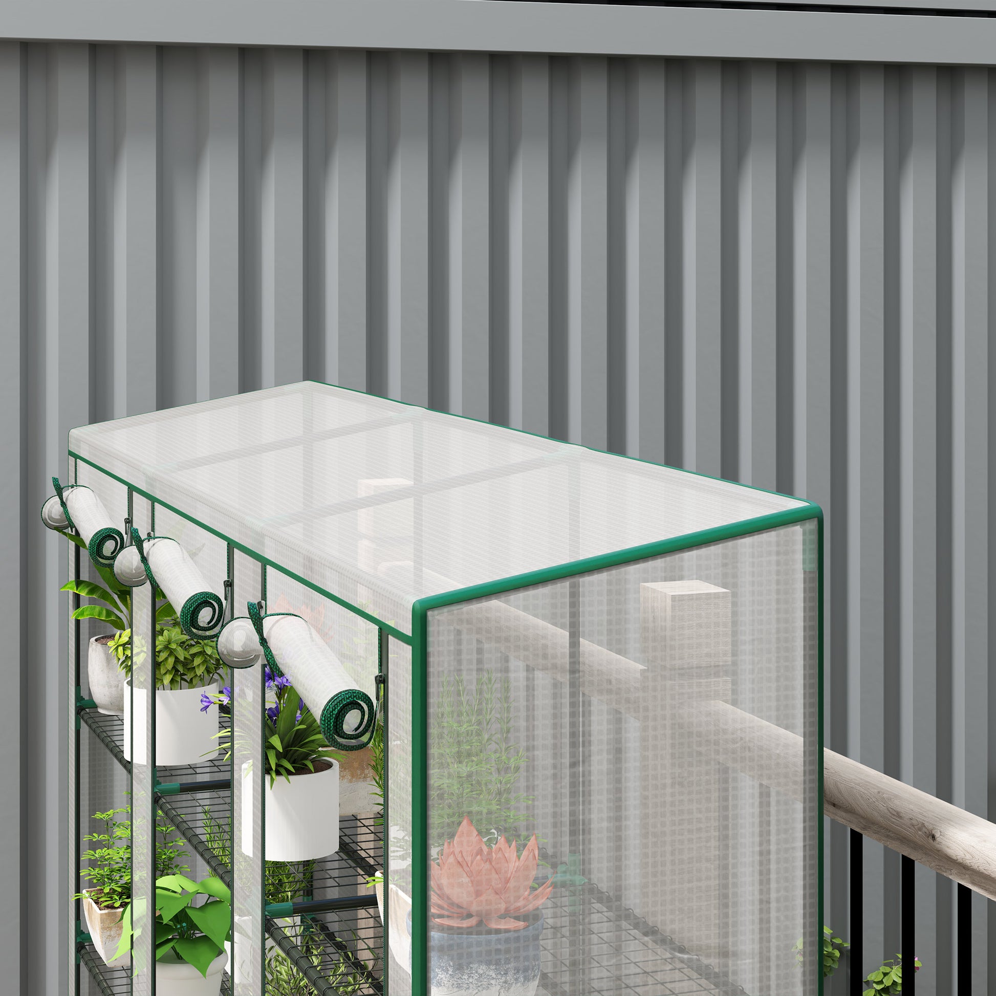 Outsunny Invernadero de Exterior de 3 Niveles Invernadero de Jardín con 9 Estantes Puerta Enrollable con Cremallera Marco de Acero Cubierta de PE 140g/m² Anti-UV para Terraza 215x46x151cm Blanco