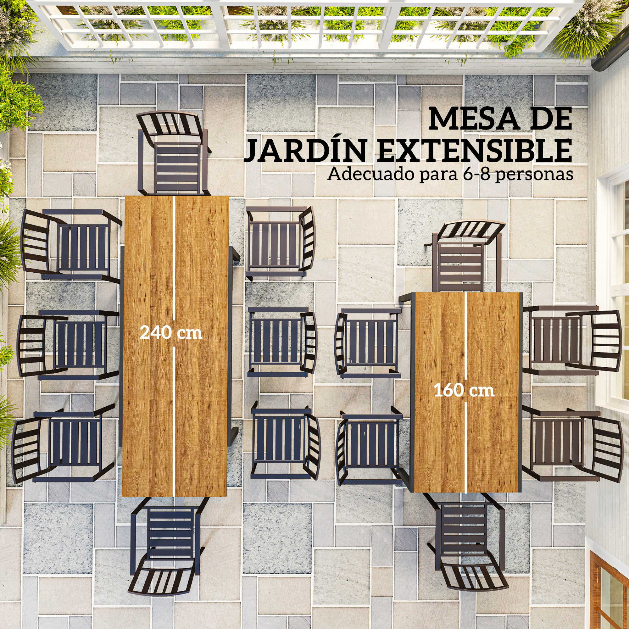Outsunny Mesa de Jardín Extensible, Mesa de Comedor Exterior Extensible 160/240x90 cm, con Borde de Aluminio, Carga 70 kg, Mesita Rectangular para 6-8 Personas, para Patio, Terraza, Marrón