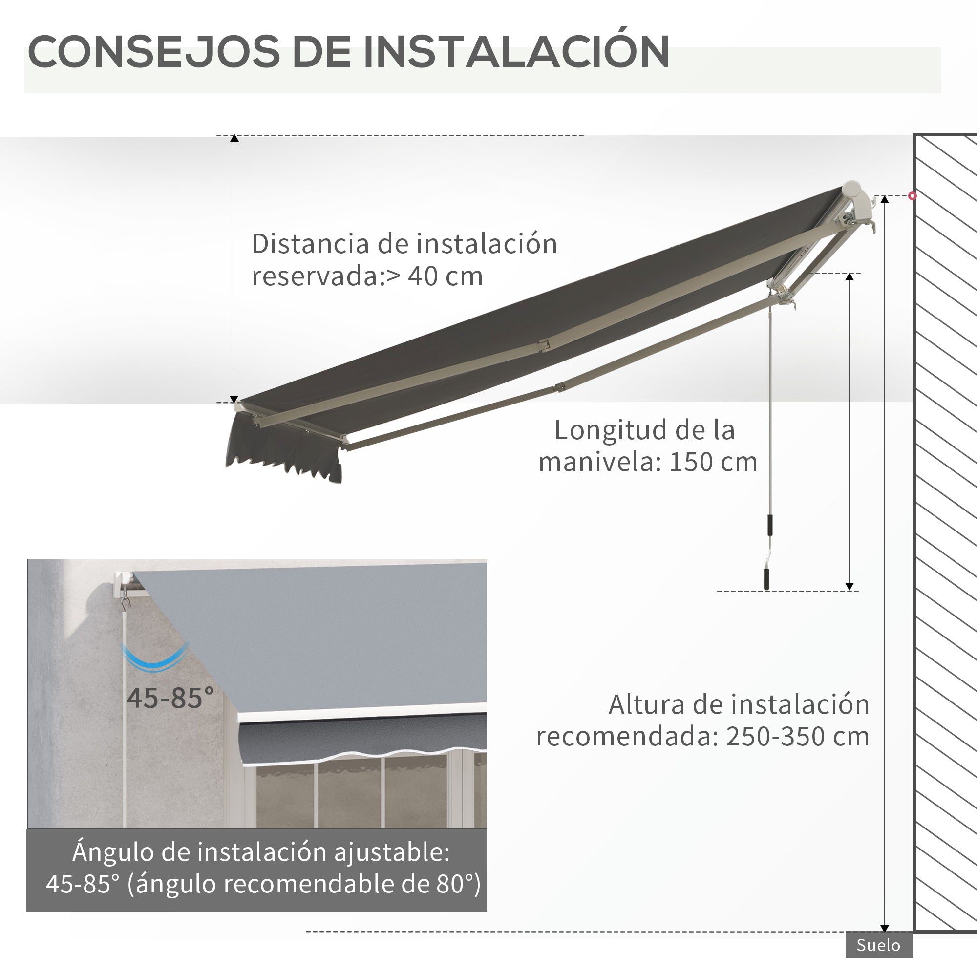 Outsunny Toldo Manual Retráctil 3x2,5 cm Toldo para Balcón con Manivela de Metal Impermeable y Anti-UV Toldo Enrollable de Exterior para Jardín Terraza Ventanas Gris