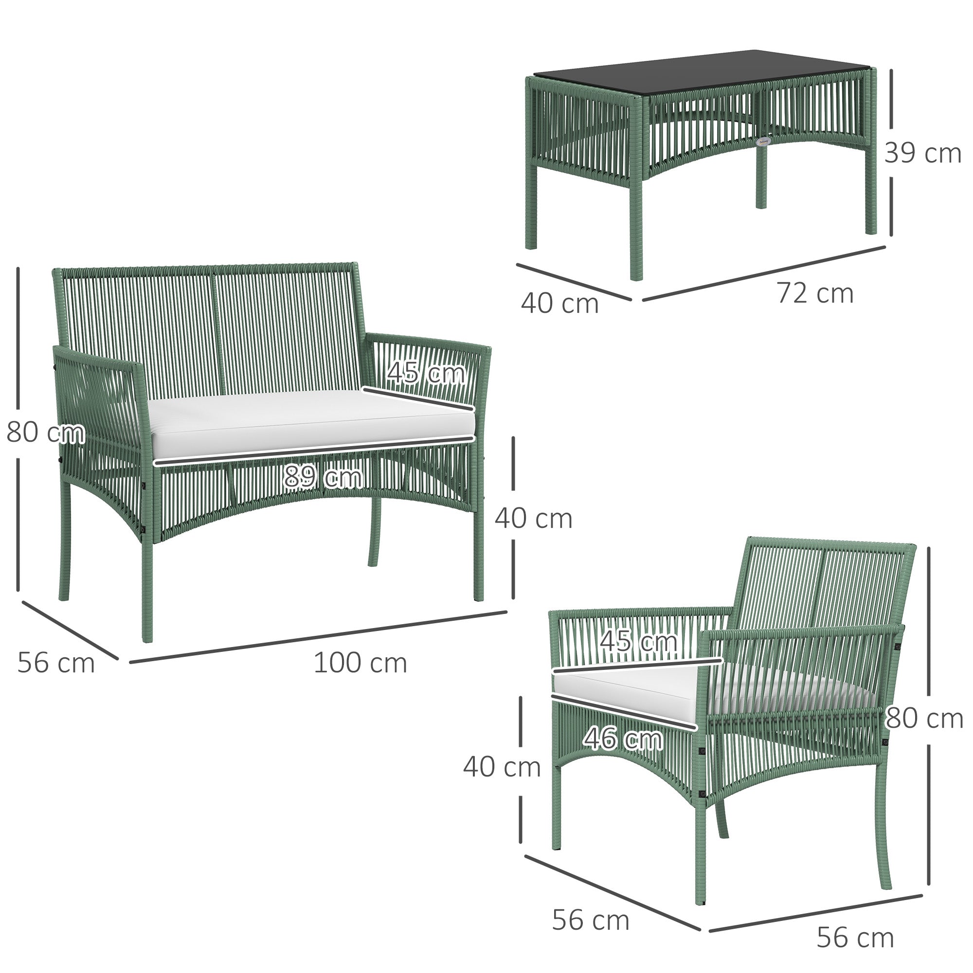 Outsunny Conjunto Jardín Exterior de Ratán, Muebles Jardín Exterior para 4 Piezas, Muebles Terraza con 1 Sofá de 2 Plazas, 2 Sillones, Cojines y 1 Mesa de Tablero de Vidrio, para Patio, Verde Oscuro