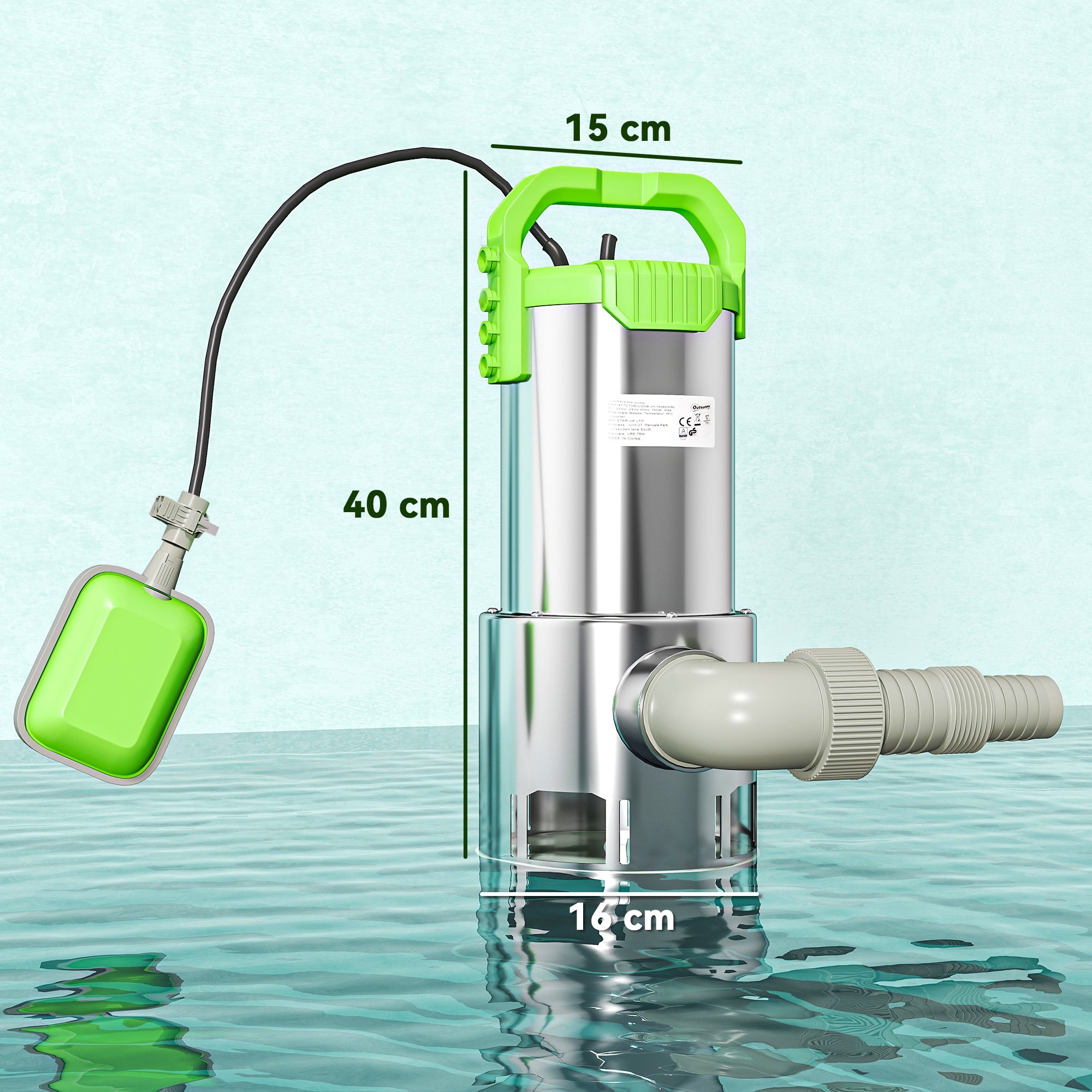 Outsunny Bomba de Aguas Sucias 1100W Bomba Sumergible de Aguas Residuales con Capacidad de 18000 l/h Interruptor de Flotador y Conector Universal para Drenaje de Piscinas Estanques Bañeras