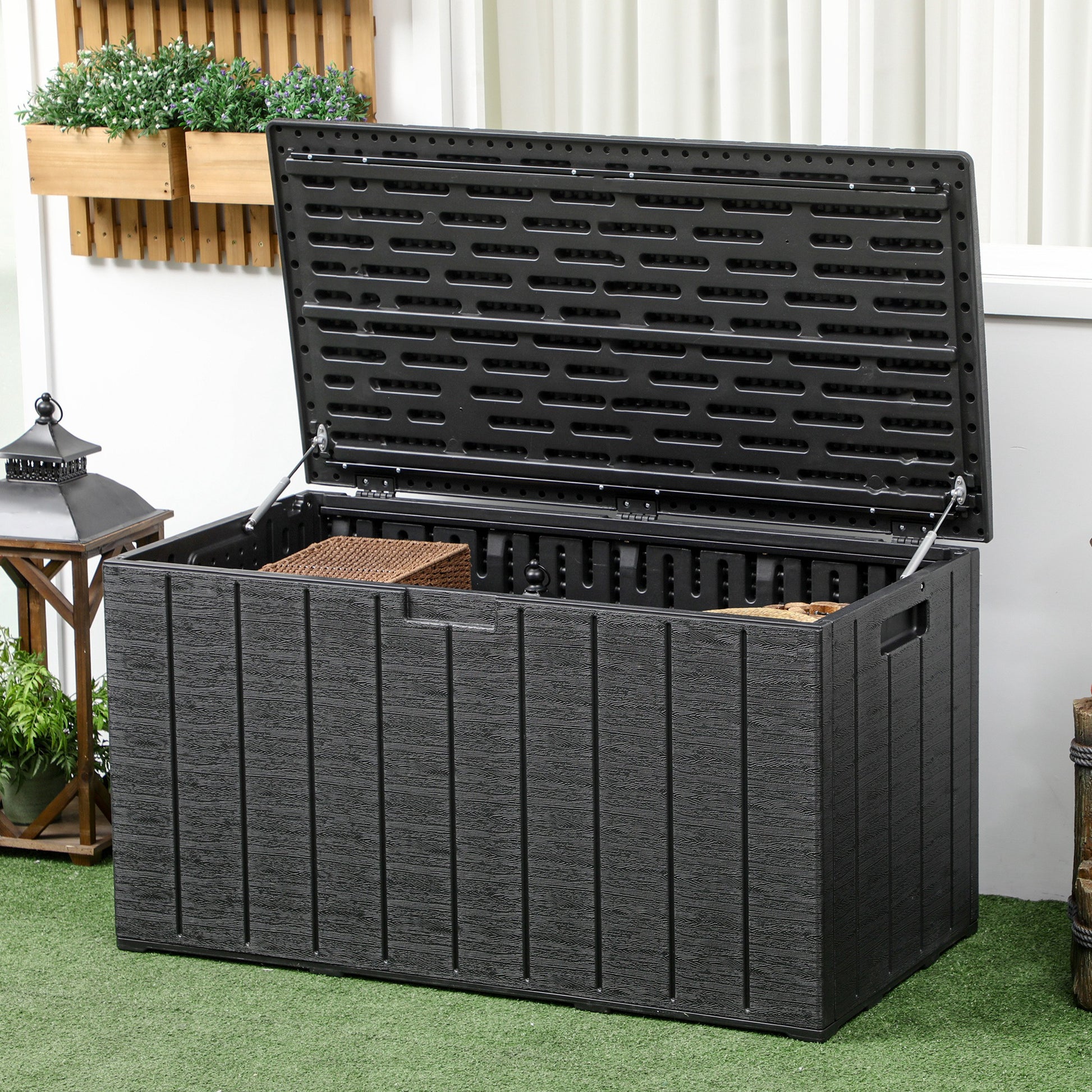 Outsunny Baúl de Almacenamiento Exterior 366L Arcón para Jardín de Plástico de Doble Pared Impermeable Anti-UV con Ruedas y Asas para Terraza Patio Carga 100 kg 122,4x62x64,5 cm Negro