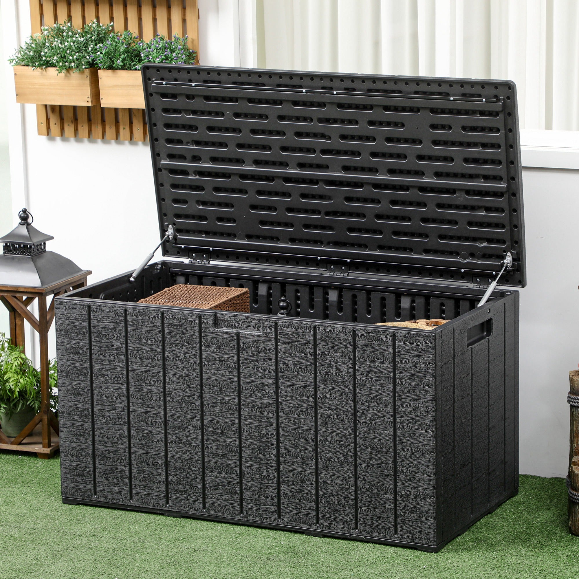 Outsunny Baúl de Almacenamiento Exterior 366L Arcón para Jardín de Plástico de Doble Pared Impermeable Anti-UV con Ruedas y Asas para Terraza Patio Carga 100 kg 122,4x62x64,5 cm Negro
