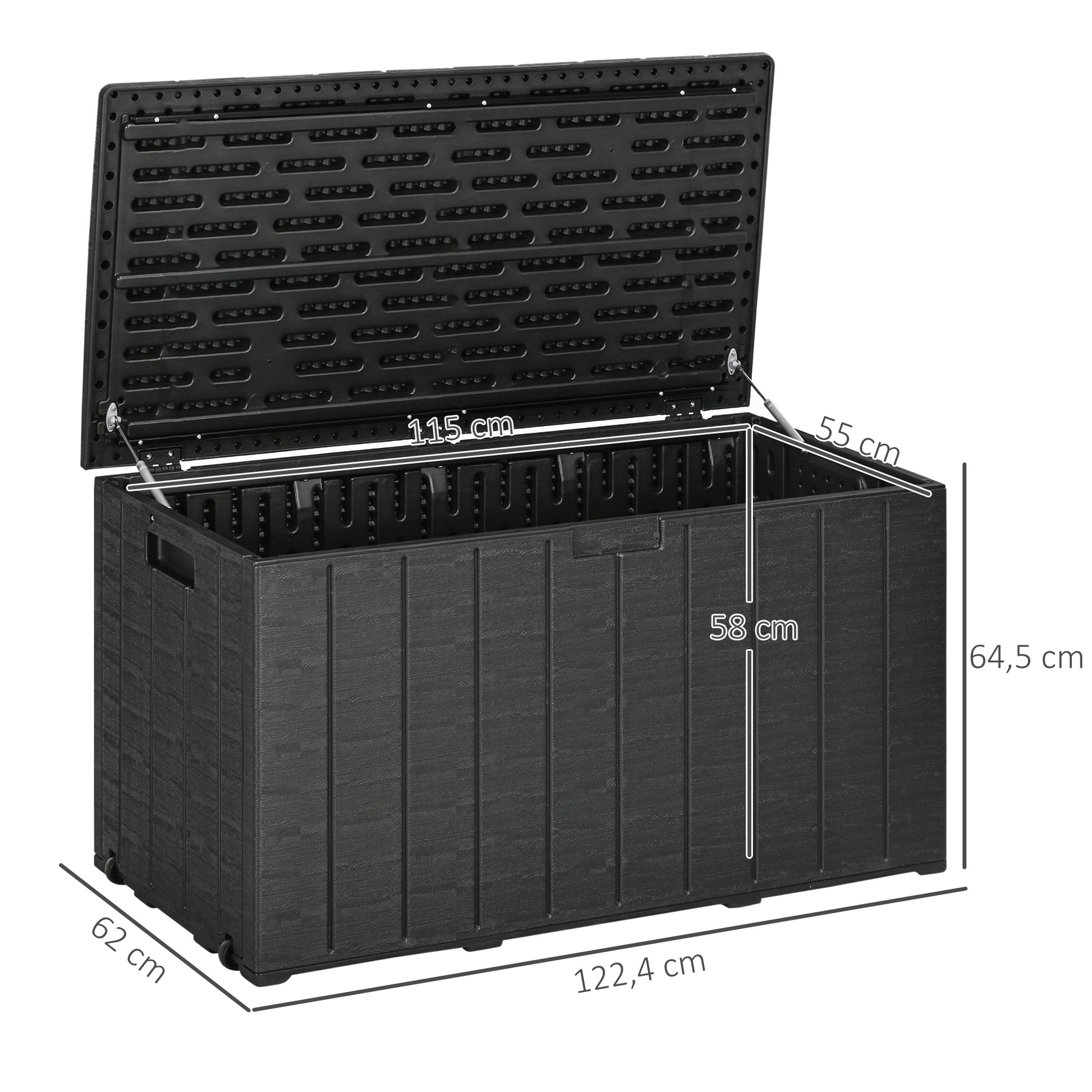 Outsunny Baúl de Almacenamiento Exterior 366L Arcón para Jardín de Plástico de Doble Pared Impermeable Anti-UV con Ruedas y Asas para Terraza Patio Carga 100 kg 122,4x62x64,5 cm Negro