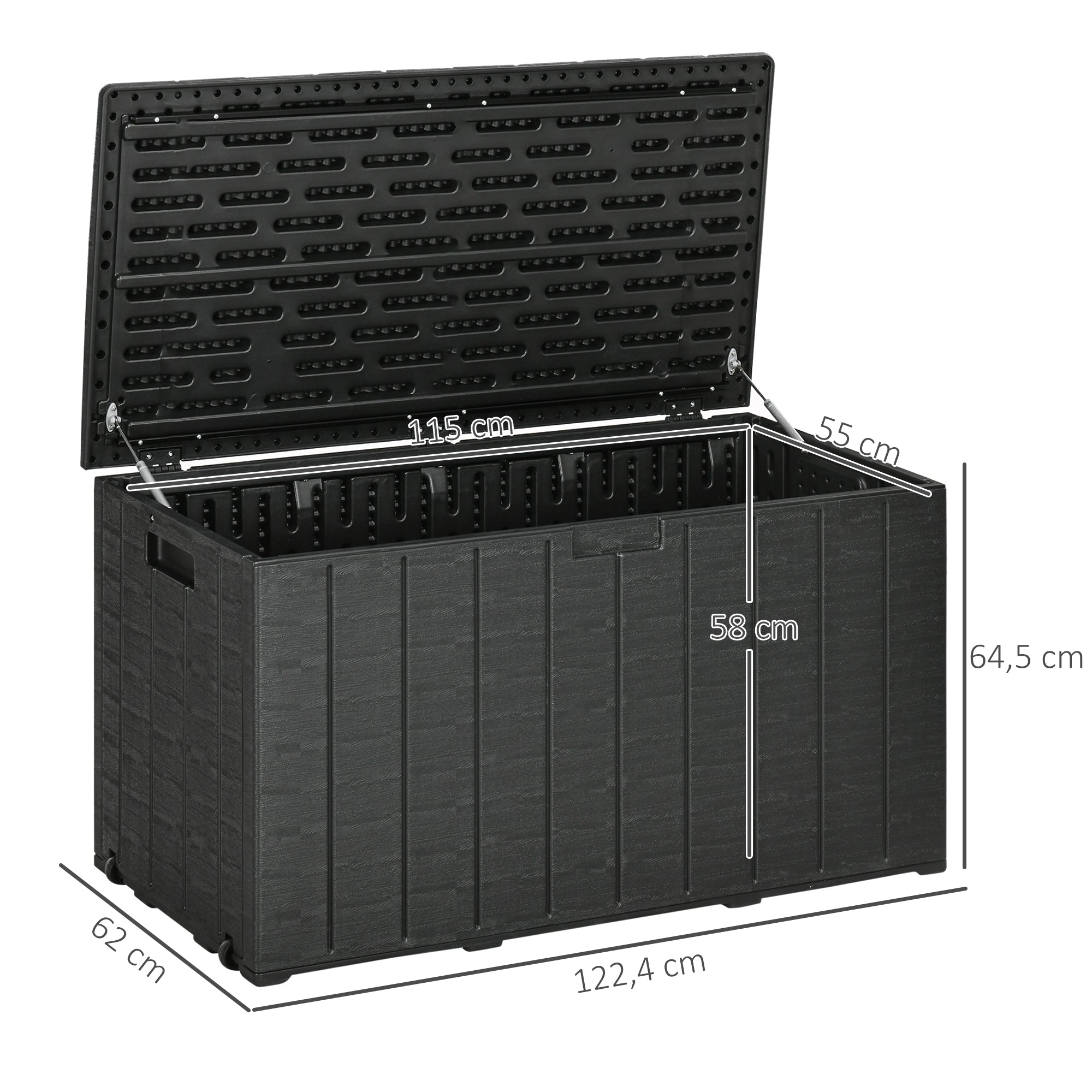 Outsunny Baúl de Almacenamiento Exterior 366L Arcón para Jardín de Plástico de Doble Pared Impermeable Anti-UV con Ruedas y Asas para Terraza Patio Carga 100 kg 122,4x62x64,5 cm Negro