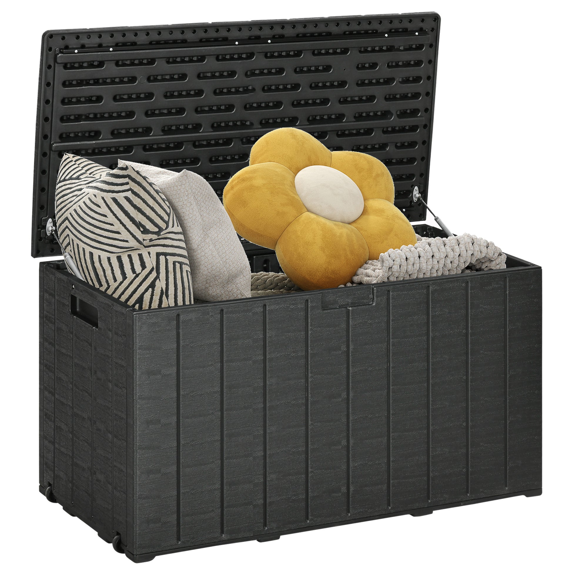 Outsunny Baúl de Almacenamiento Exterior 366L Arcón para Jardín de Plástico de Doble Pared Impermeable Anti-UV con Ruedas y Asas para Terraza Patio Carga 100 kg 122,4x62x64,5 cm Negro