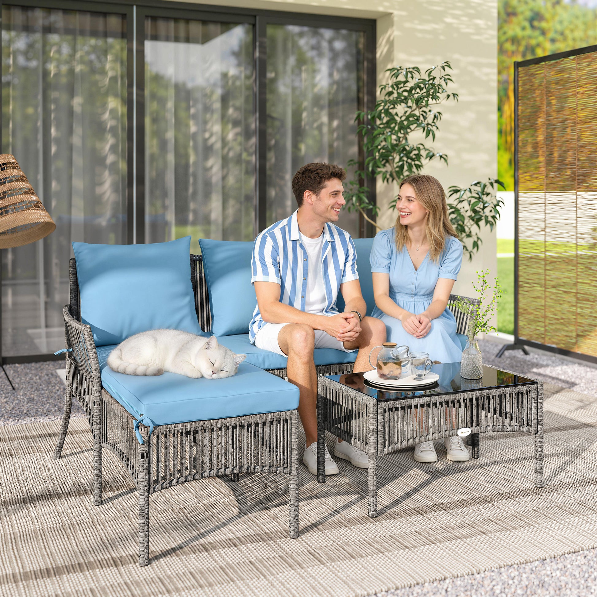 Outsunny Conjunto de Jardín de Ratán de 3 Piezas, Muebles Jardín Exterior Incluye 1 Sofá de 2 Plazas, 1 Sofá Esquinera, 1 Mesa de Centro con Tablero de Vidrio Templado, Cojines, Resistente, Azul Claro