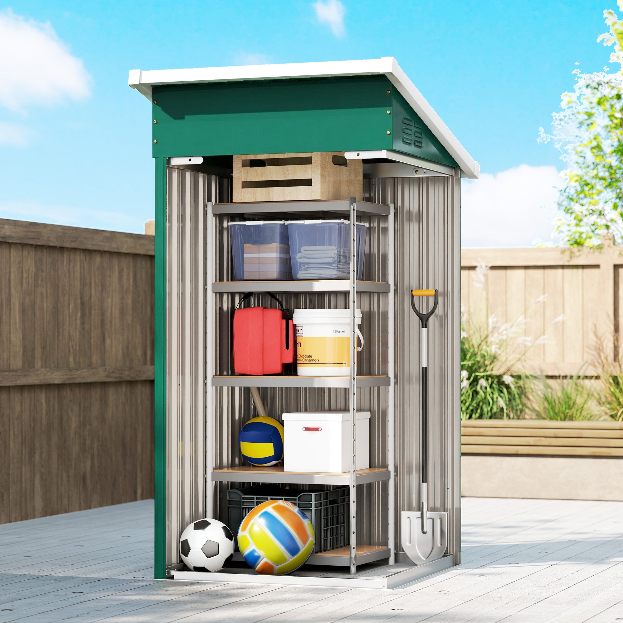 Outsunny Caseta de Jardín Exterior 0,74 m², 107,5x91x185 cm, Cobertizo de Jardín Exterior Metálico con Techo Inclinado, Puerta con Cerradura y Ventilaciones para Almacenamiento de Herramientas, Verde