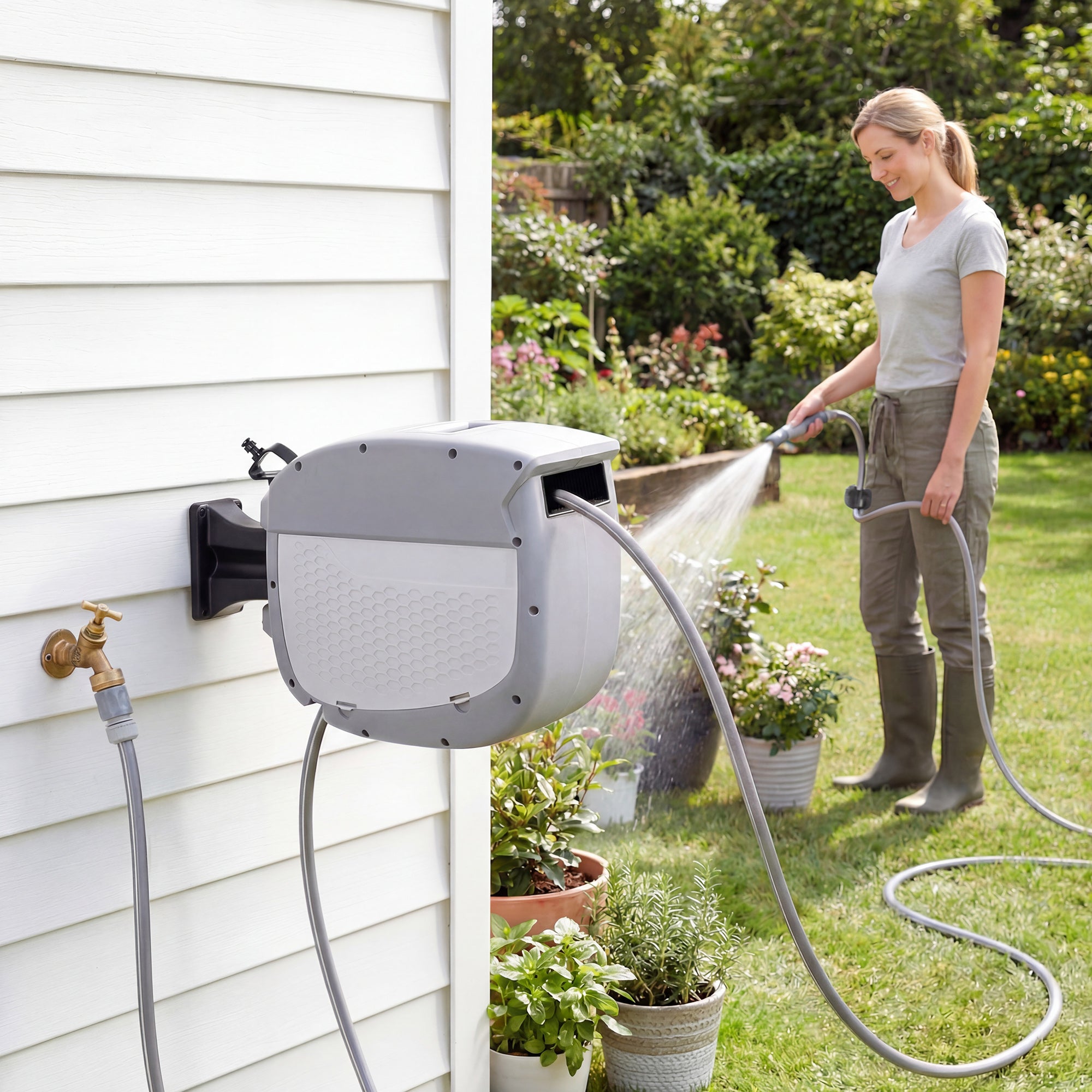 Outsunny Enrollador de Manguera para Jardín 20+1,9 m con Boquilla de 2 Modos, Carrete de Manguera de Jardín de Pared con Bloqueo Automático y Retracción Controlada, Soporte Orientable 180°, Gris