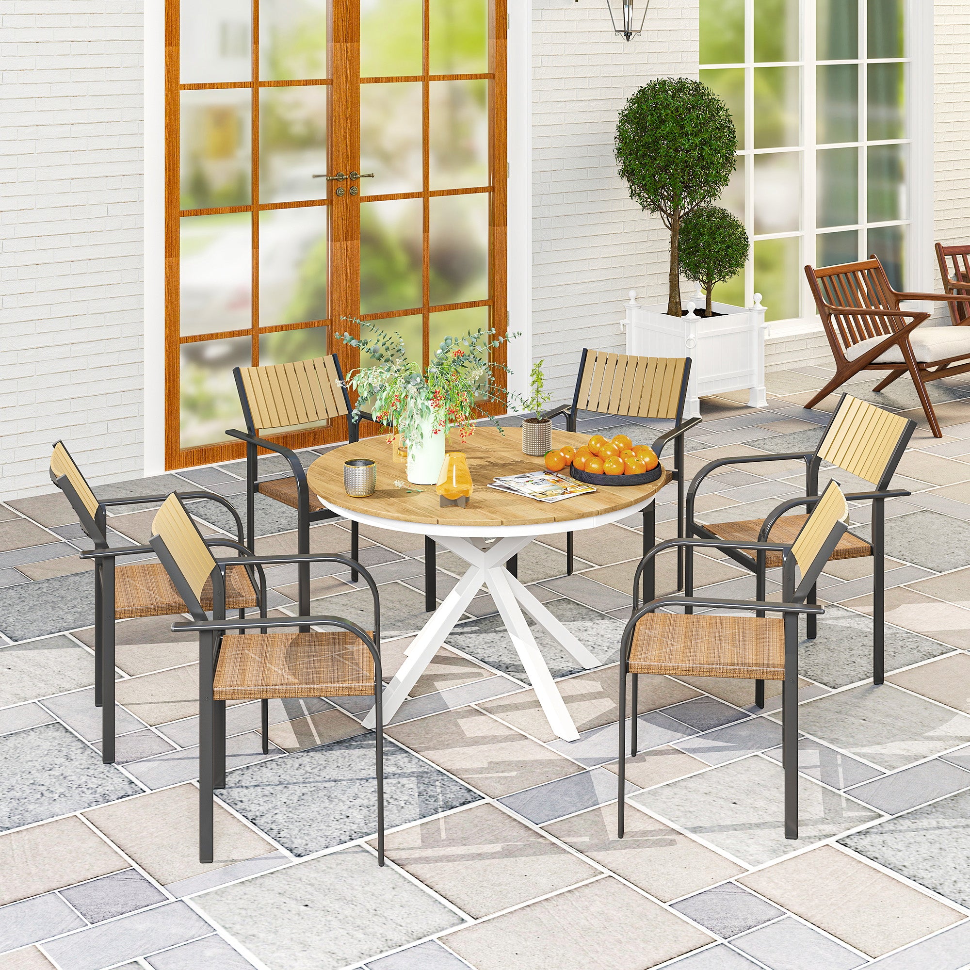 Outsunny Mesa de Jardín Redonda Mesa de Terraza Exterior Ø118x74 cm con Estructura de Aluminio Patas Cruzadas y Encimera de Listones Carga 70 kg para Patio Balcón Teca