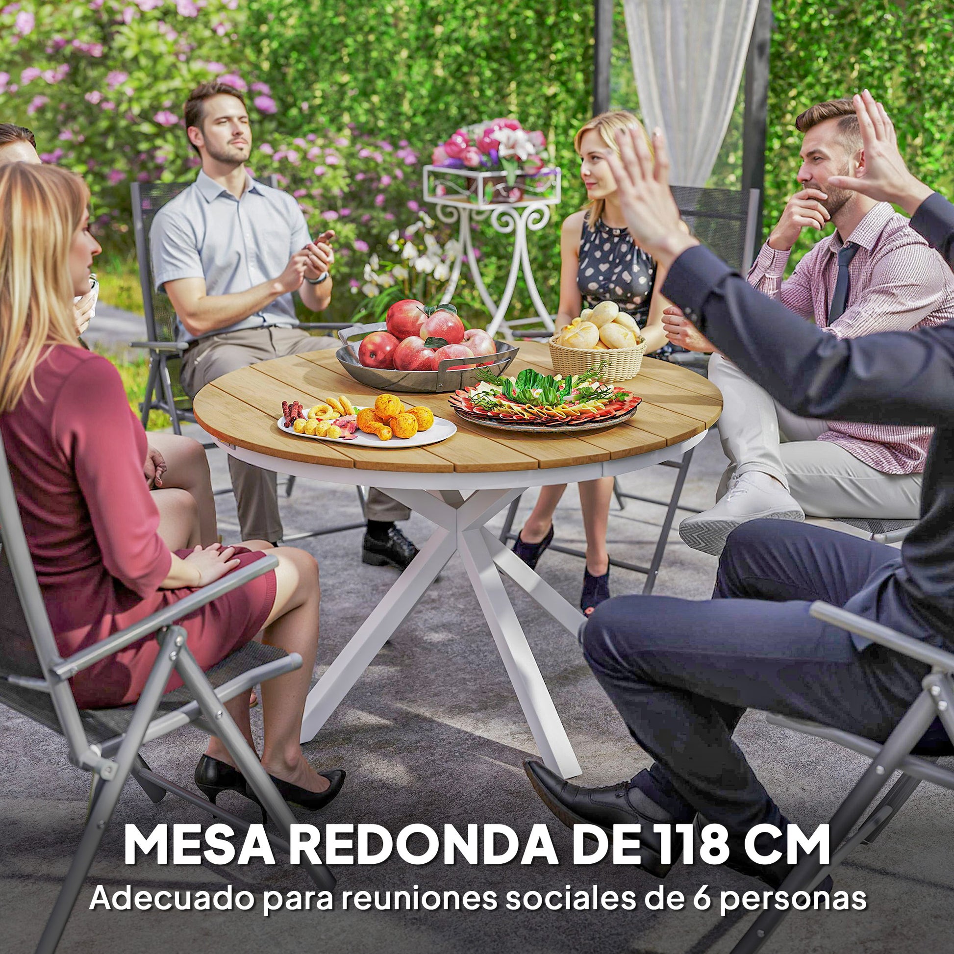 Outsunny Mesa de Jardín Redonda Mesa de Terraza Exterior Ø118x74 cm con Estructura de Aluminio Patas Cruzadas y Encimera de Listones Carga 70 kg para Patio Balcón Teca
