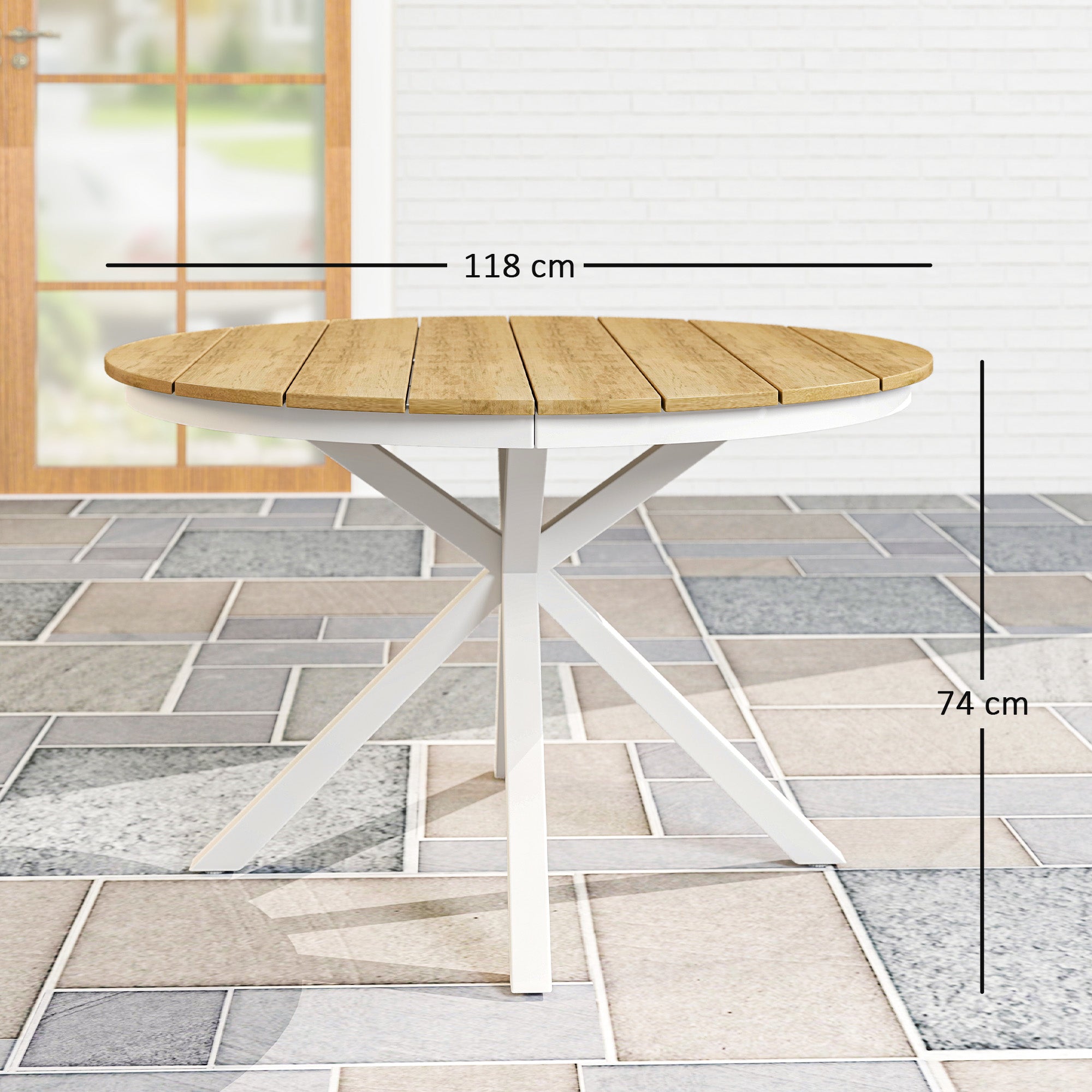 Outsunny Mesa de Jardín Redonda Mesa de Terraza Exterior Ø118x74 cm con Estructura de Aluminio Patas Cruzadas y Encimera de Listones Carga 70 kg para Patio Balcón Teca
