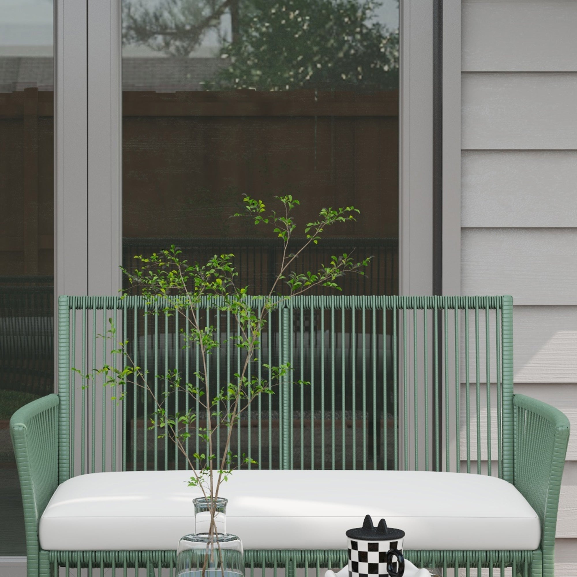 Outsunny Conjunto Jardín Exterior de Ratán, Muebles Jardín Exterior para 4 Piezas, Muebles Terraza con 1 Sofá de 2 Plazas, 2 Sillones, Cojines y 1 Mesa de Tablero de Vidrio, para Patio, Verde Oscuro