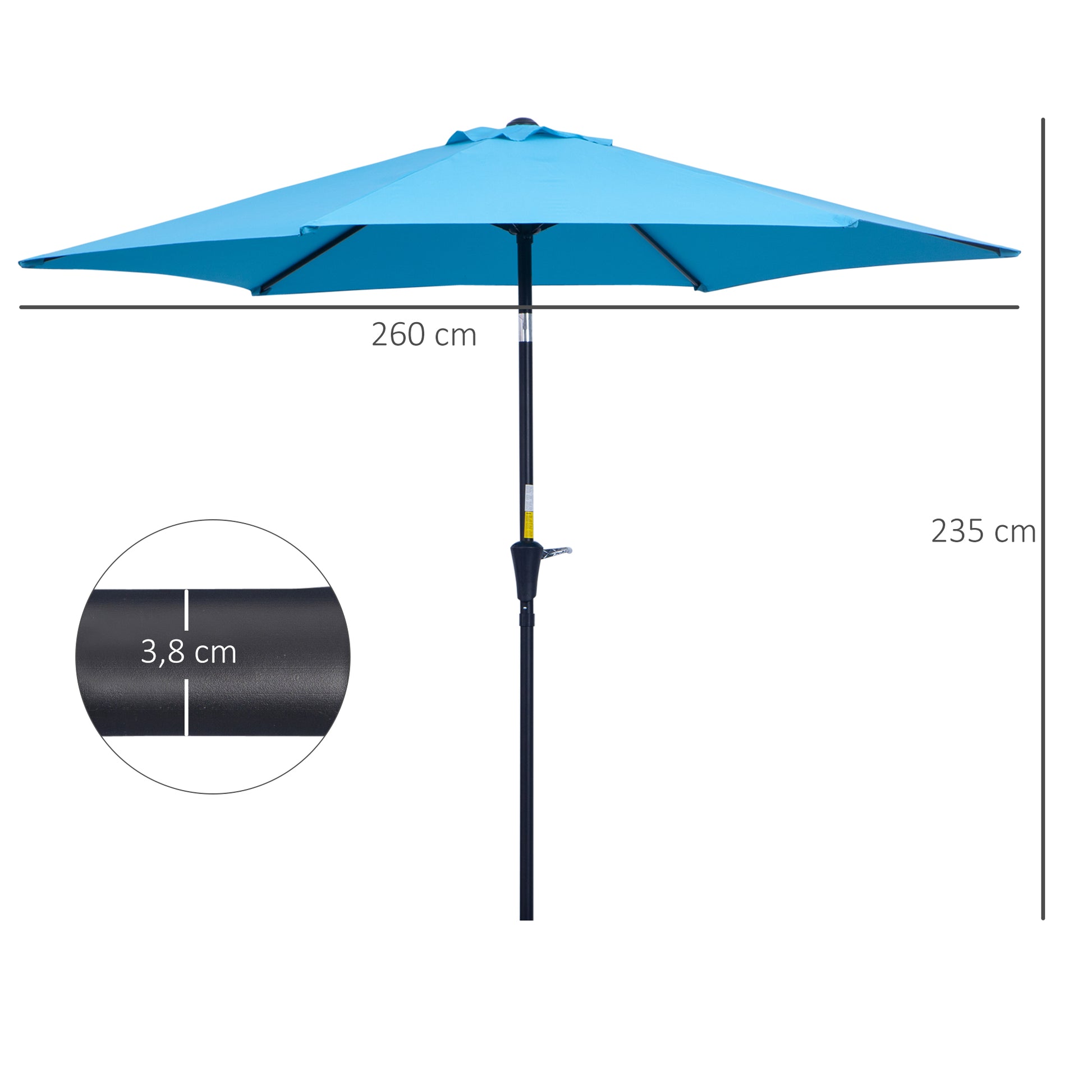 Outsunny Sombrilla de Jardín, Ø260x235 cm, Parasol de Jardín Reclinable con Manivela, Poste Desmontable de Aluminio y 6 Varillas de Metal, para Terraza, Exterior, Balcón, Azul