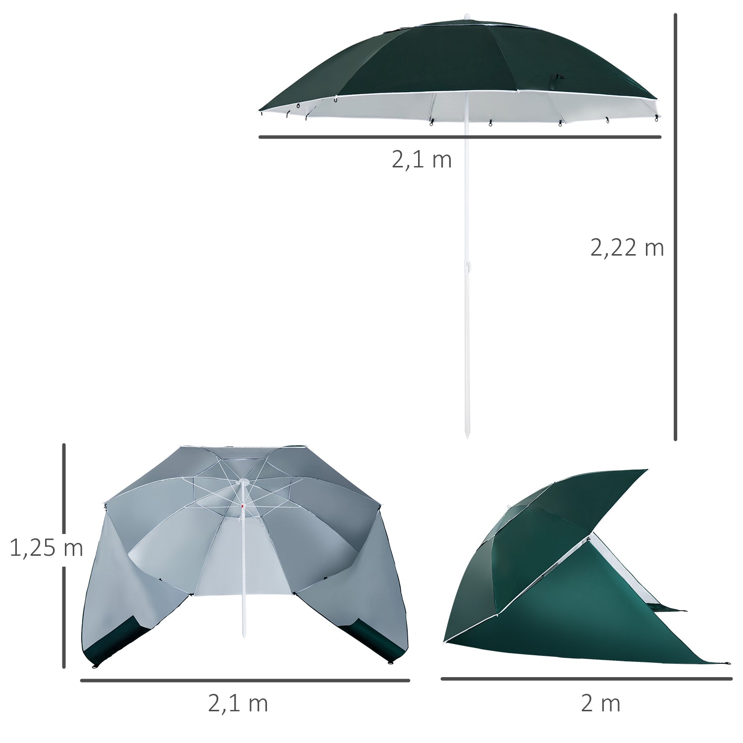 Outsunny Sombrilla de Playa 2 en 1 Parasol para Playa con 2 Paneles Laterales Toldo Portátil Anti-UV con Bolsa de Transporte para Jardín Piscina Ø210x222cm Verde