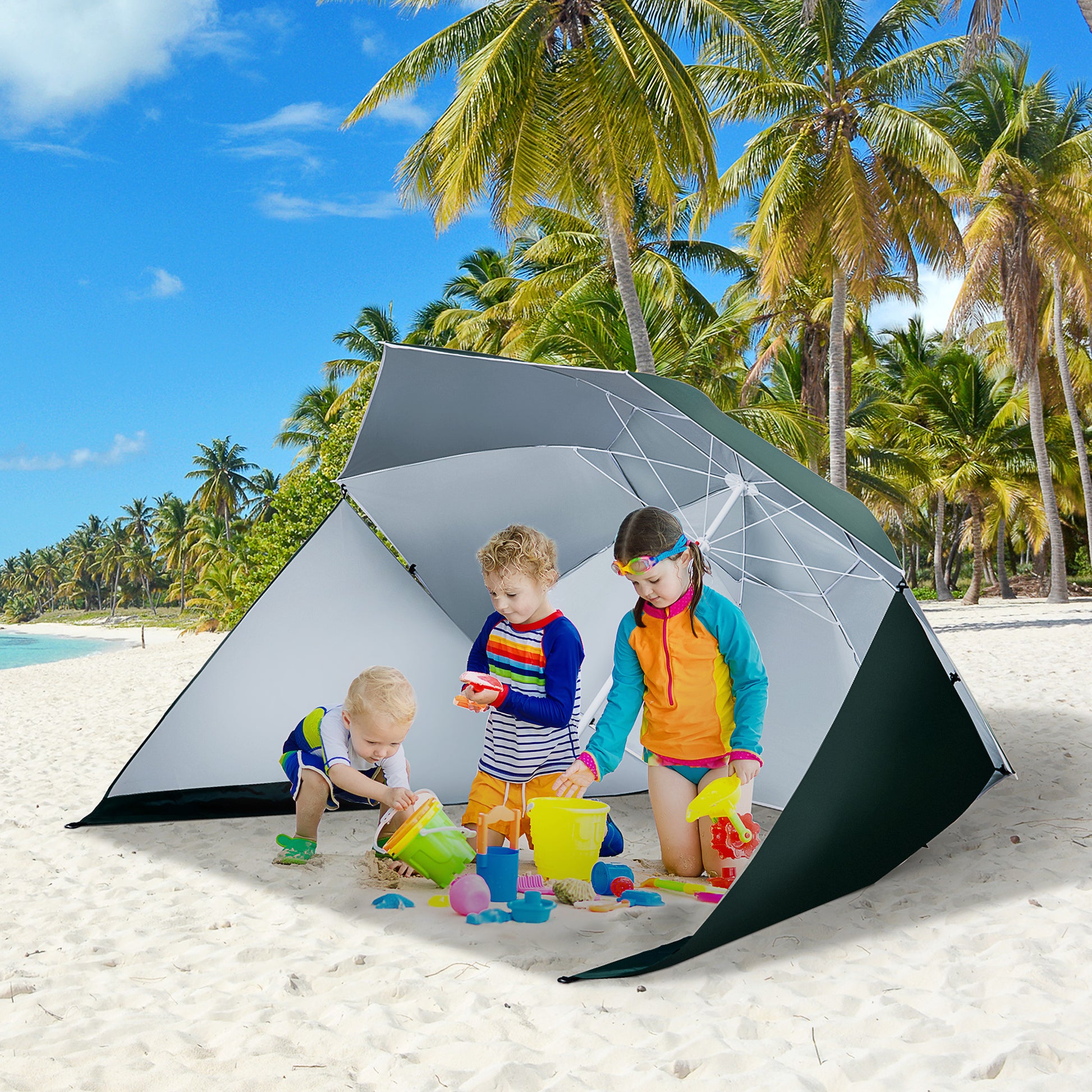 Outsunny Sombrilla de Playa 2 en 1 Parasol para Playa con 2 Paneles Laterales Toldo Portátil Anti-UV con Bolsa de Transporte para Jardín Piscina Ø210x222cm Verde