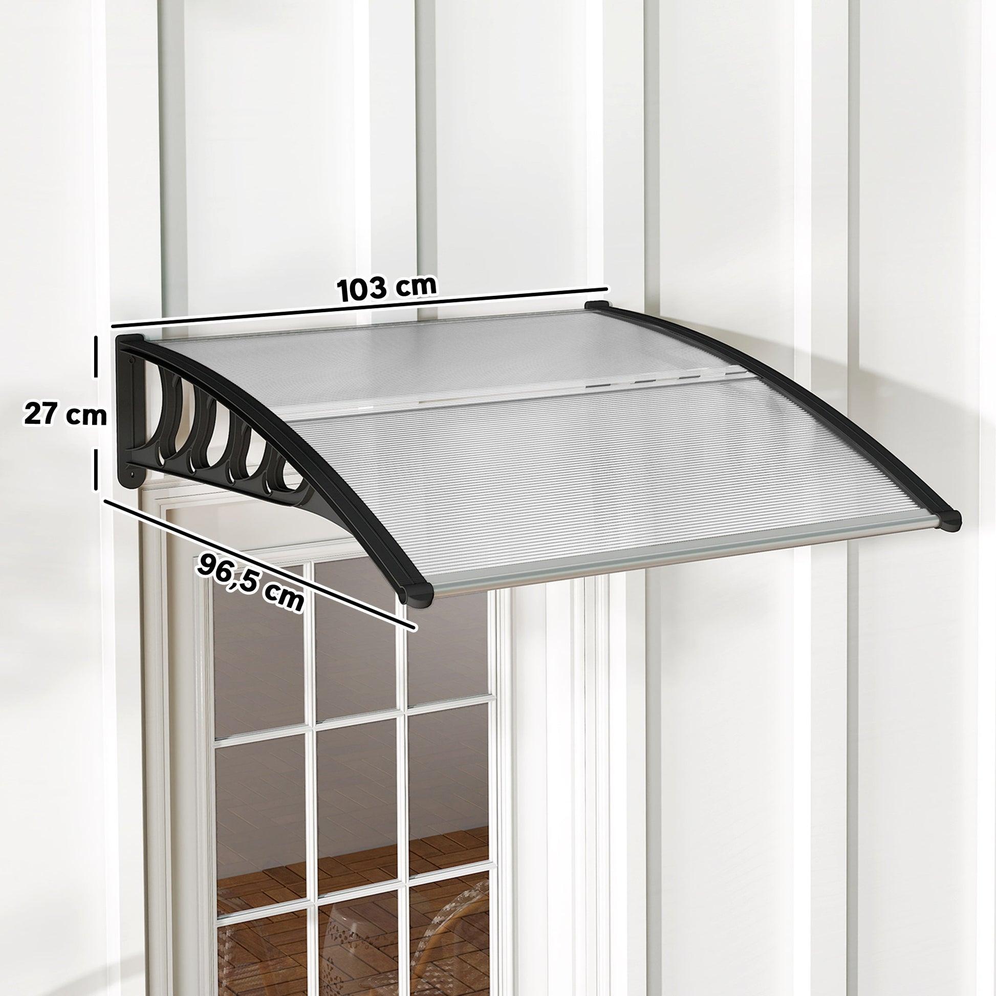 Outsunny Marquesinas Exterior para Puertas y Ventanas, 103x96,5 cm, Tejadillo de Protección contra Sol y Lluvia, con Cubierta de Policarbonato, Soportes de PP y Regleta de Aluminio, Transparente