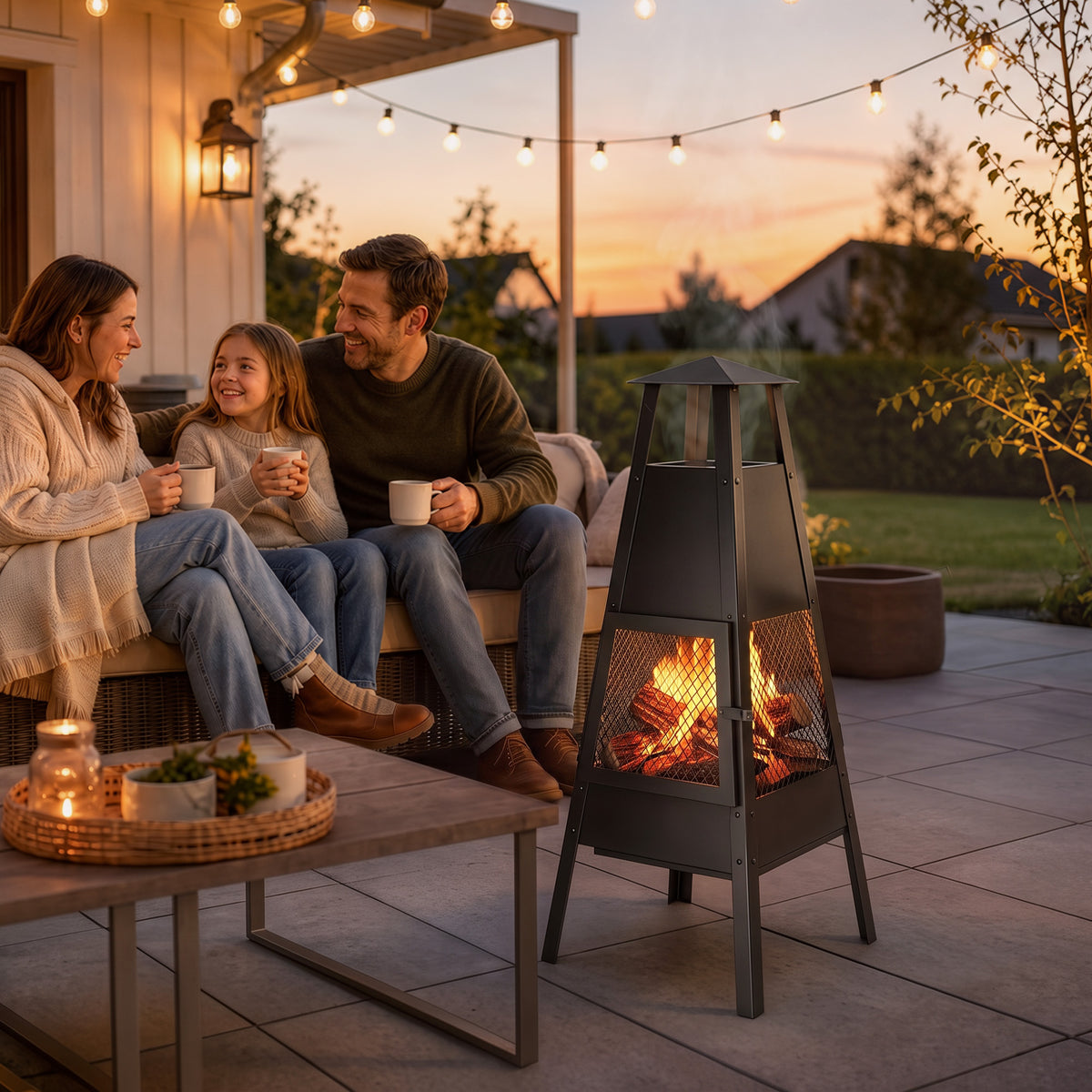 Outsunny Brasero Exterior con Chimenea Cónica, 41x40,5x97 cm, Brasero Exterior Jardín de Acero al Carbono con Malla Protectora, para Patio, Terraza, Camping, Fiesta, Negro