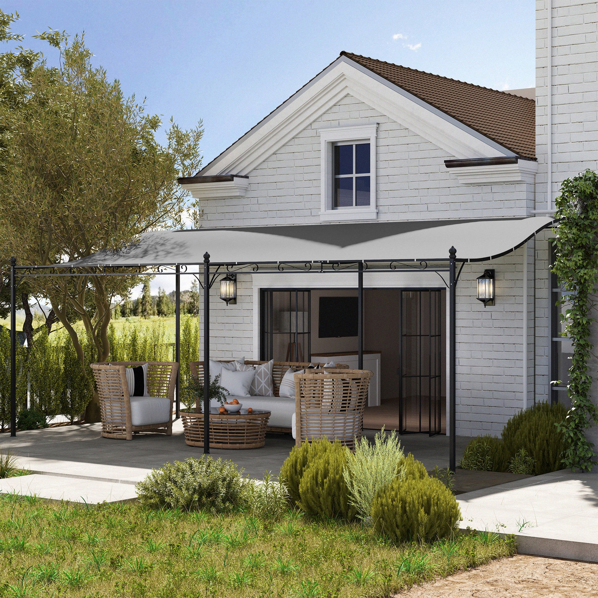 Outsunny Pérgola de Pared de Jardín 3x6 m, Cenador de Jardín con Techo Inclinado, Orificios de Drenaje y Estructura Metálica, Resistente a la Intemperie, para Patio, Terraza, Balcón, Gris Oscuro