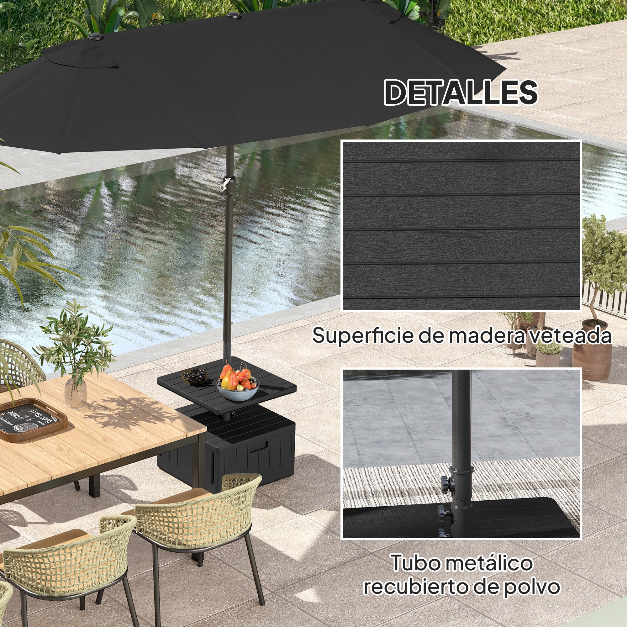 Outsunny Base para Sombrilla Exterior 3 en 1, Mesa Auxiliar Ajustable, Macetero con Orificio de Drenaje, Soporte de Parasol Rellenable Arena 80 kg con Ruedas y Asas, para Postes Ø38 y Ø48 mm, Negro