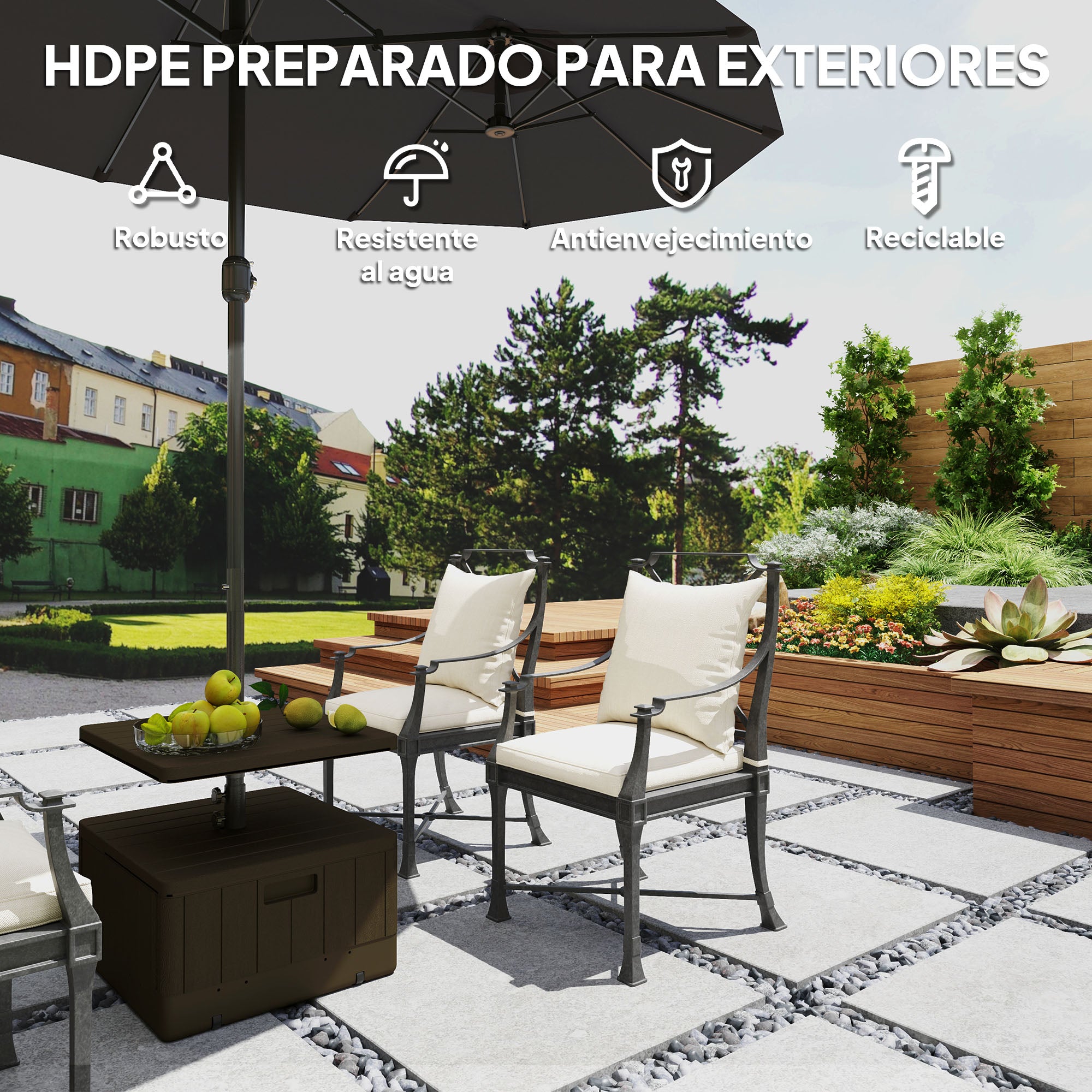 Outsunny Base para Sombrilla Exterior 3 en 1, Mesa Auxiliar Ajustable, Macetero con Orificio de Drenaje, Soporte de Parasol Rellenable Arena 80 kg con Ruedas y Asas, para Postes Ø38 y Ø48 mm, Negro