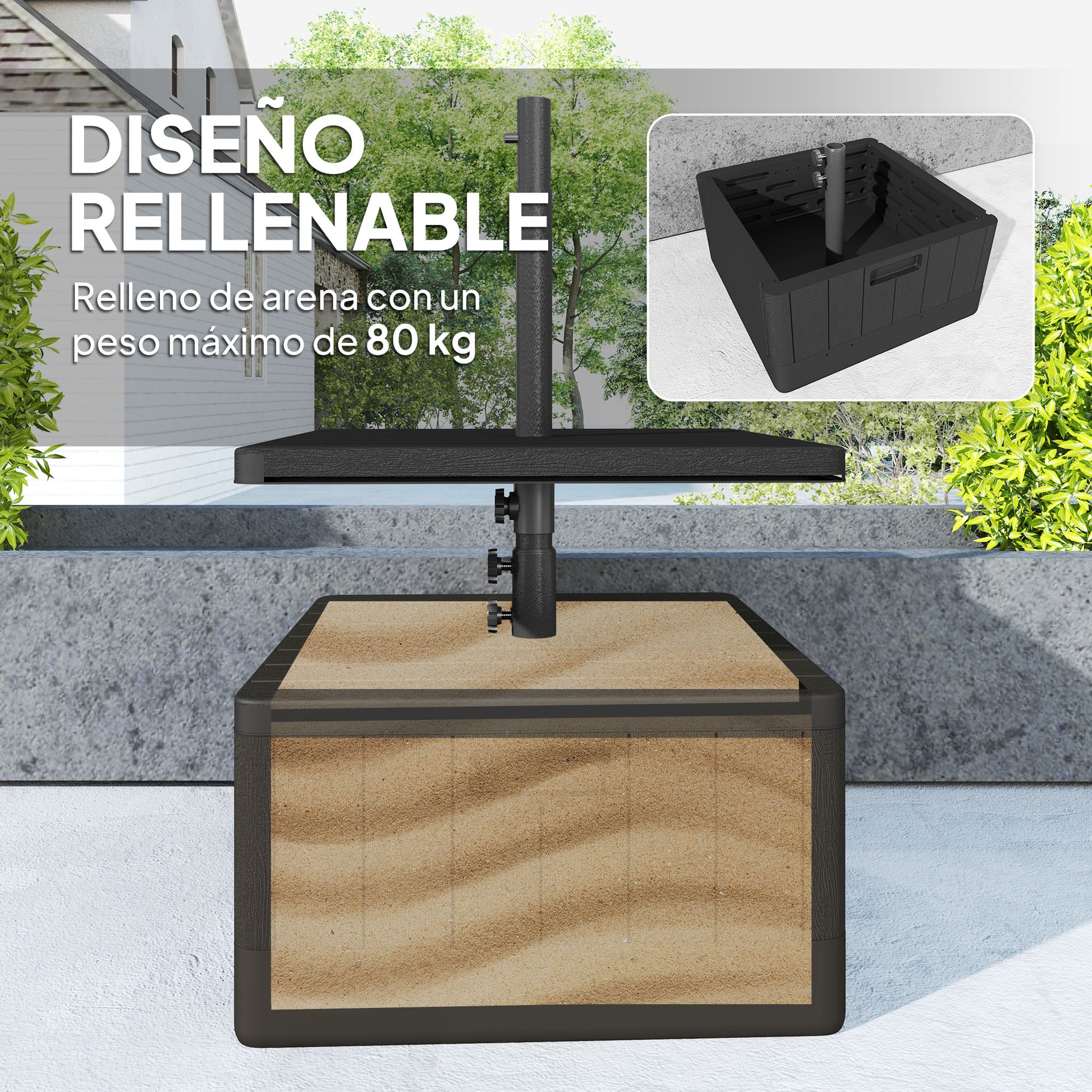 Outsunny Base para Sombrilla Exterior 3 en 1, Mesa Auxiliar Ajustable, Macetero con Orificio de Drenaje, Soporte de Parasol Rellenable Arena 80 kg con Ruedas y Asas, para Postes Ø38 y Ø48 mm, Negro