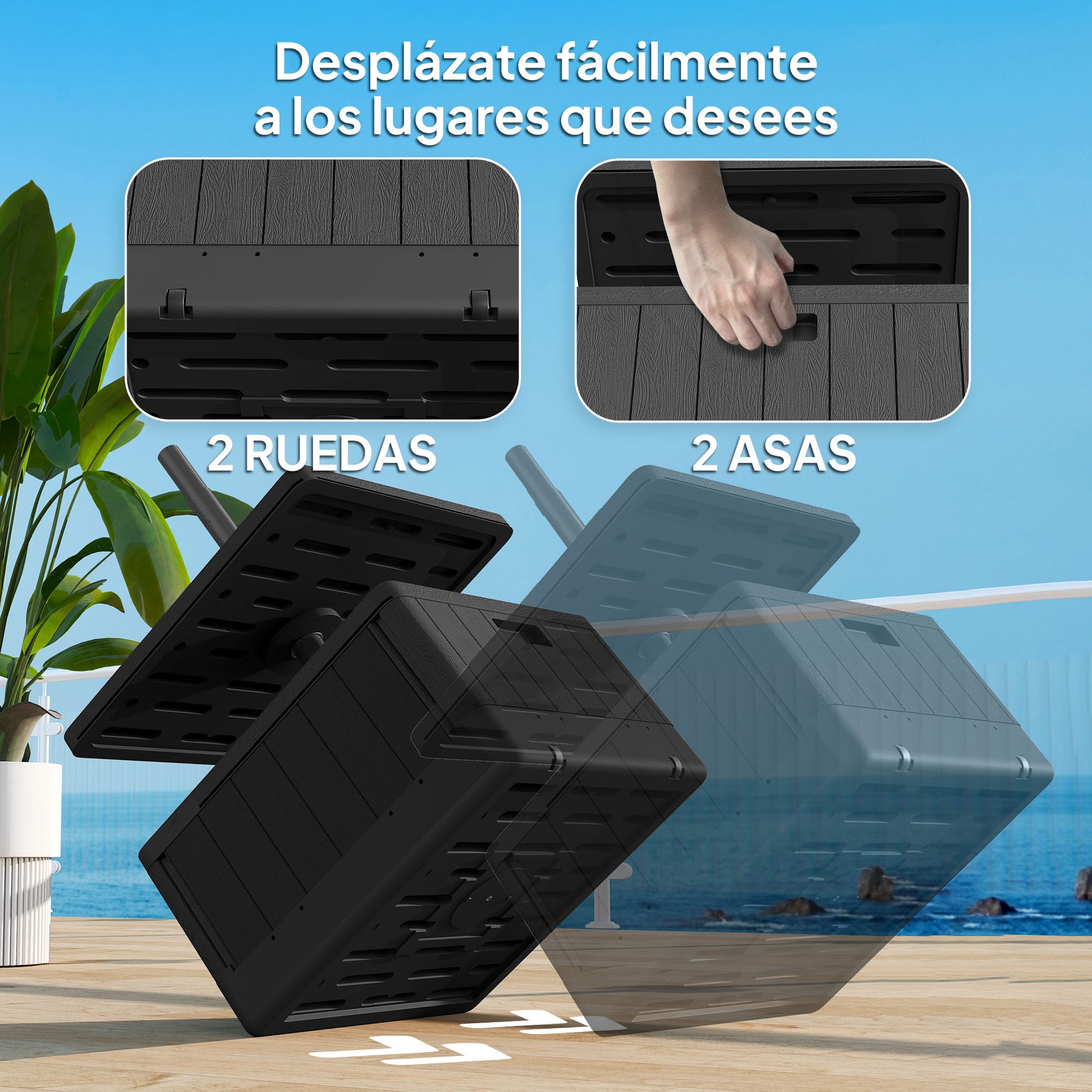 Outsunny Base para Sombrilla Exterior 3 en 1, Mesa Auxiliar Ajustable, Macetero con Orificio de Drenaje, Soporte de Parasol Rellenable Arena 80 kg con Ruedas y Asas, para Postes Ø38 y Ø48 mm, Negro
