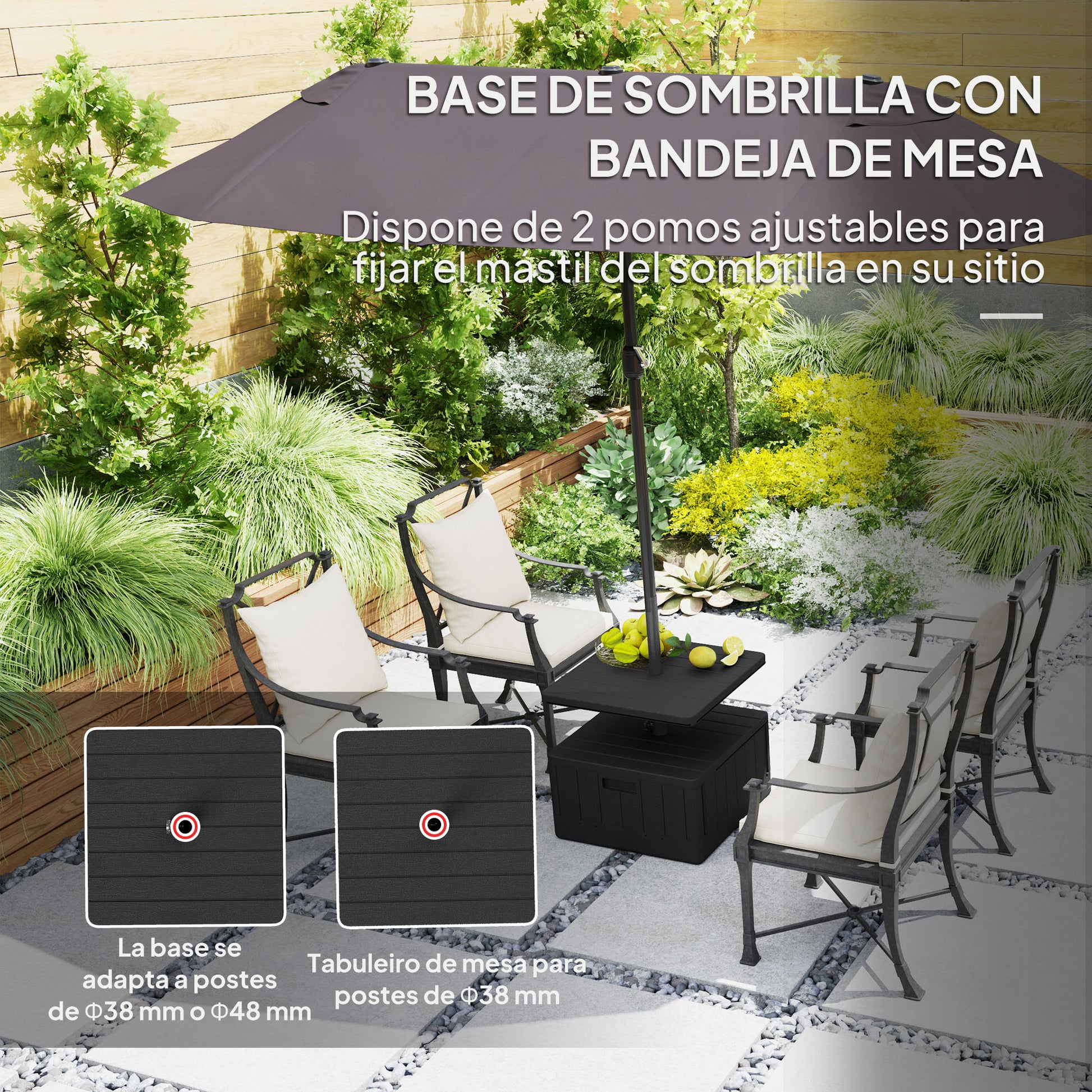 Outsunny Base para Sombrilla Exterior 3 en 1, Mesa Auxiliar Ajustable, Macetero con Orificio de Drenaje, Soporte de Parasol Rellenable Arena 80 kg con Ruedas y Asas, para Postes Ø38 y Ø48 mm, Negro