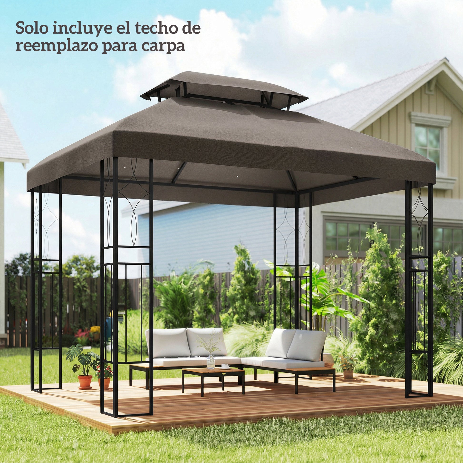Outsunny Techo de Repuesto para Cenador, 4x3 m, Cubierta de Repuesto con Techo Doble, 10 Orificios de Drenaje y Protección UV, SOLO Toldo de Recambio para Pabellón Gazebo, Marrón